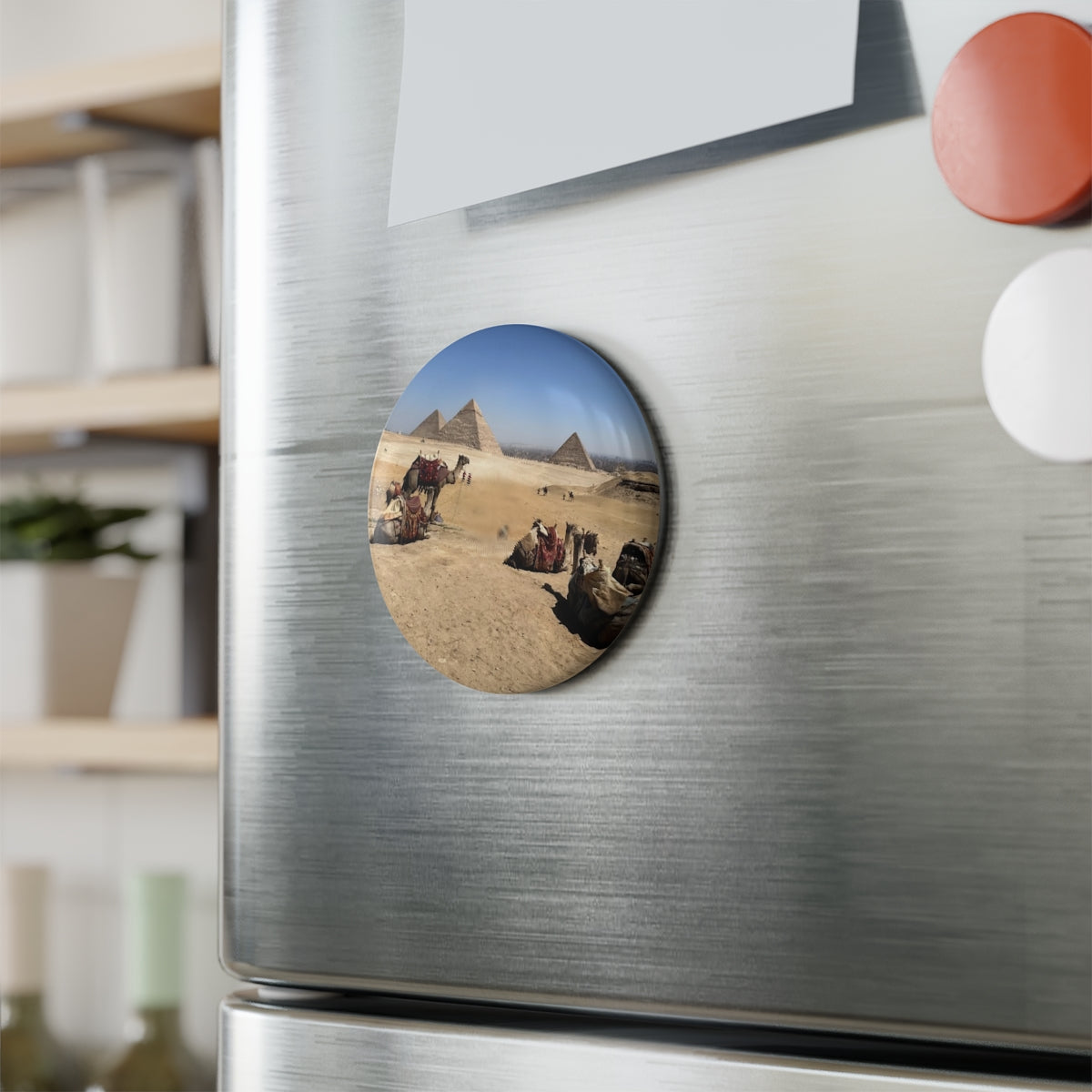 fridge magnet featuring camela desert and pyramids of giza size: 2.25'' 5.7cm