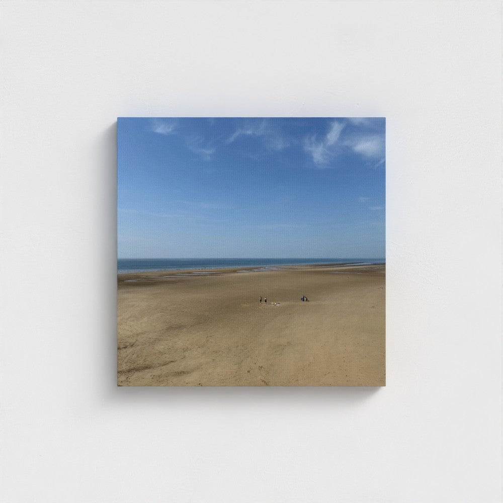 Square eco-friendly canvas print of Blackpool Beach with wide sand, small distant figures, blue sky, and calm sea horizon