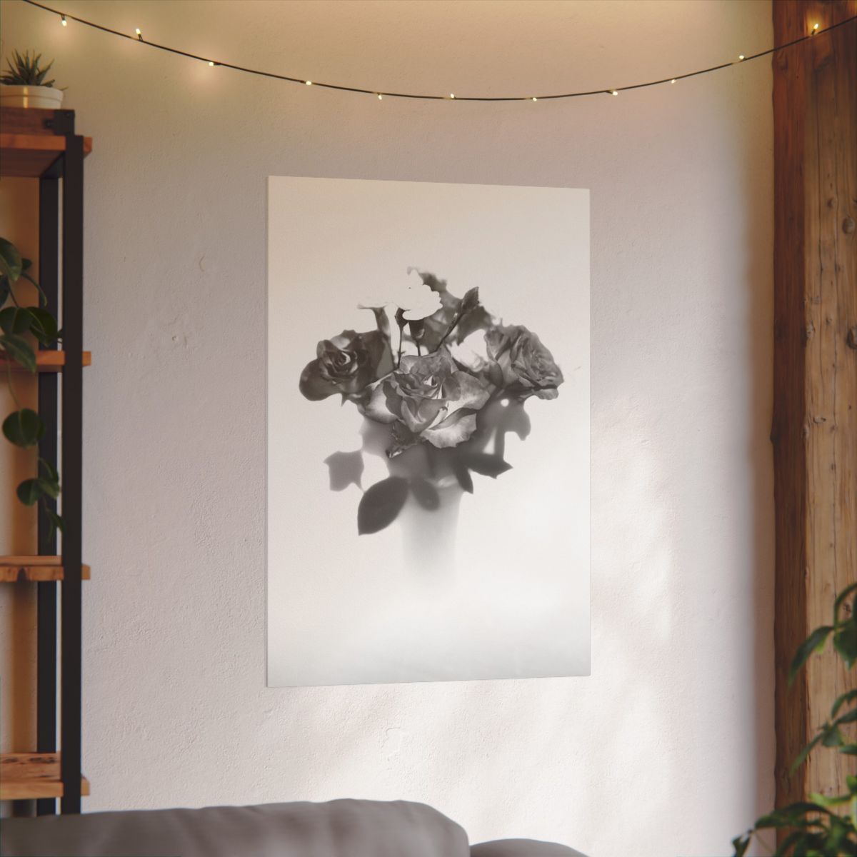 giclée canvas print featuring black and white photograph of roses