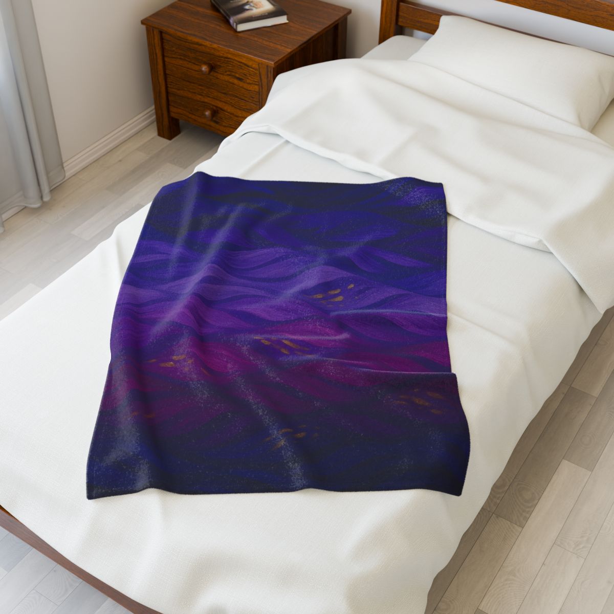 Full color throw blanket featuring deep purples and midnight blues with golden flecks, placed on a twin bed