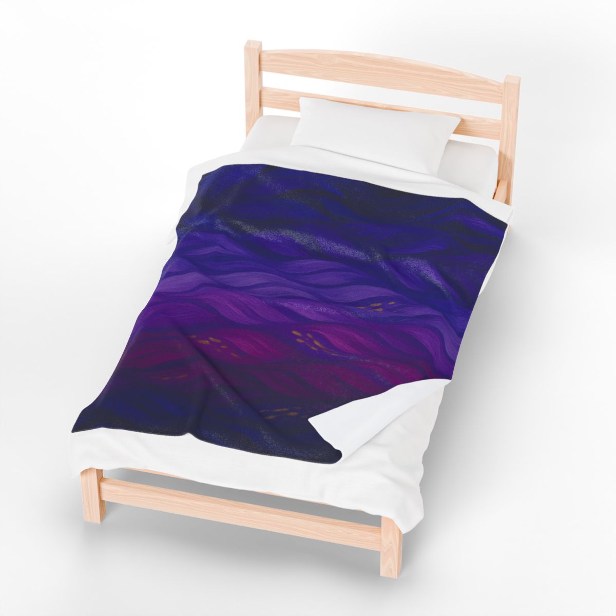 Plush throw in full color variant with rich violet, indigo, and crimson hues, draped on a modern wooden bed