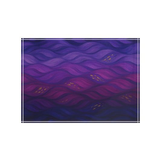 Head-on shot of a clear acrylic block on white, featuring deep purple and blue waves with gold flecks