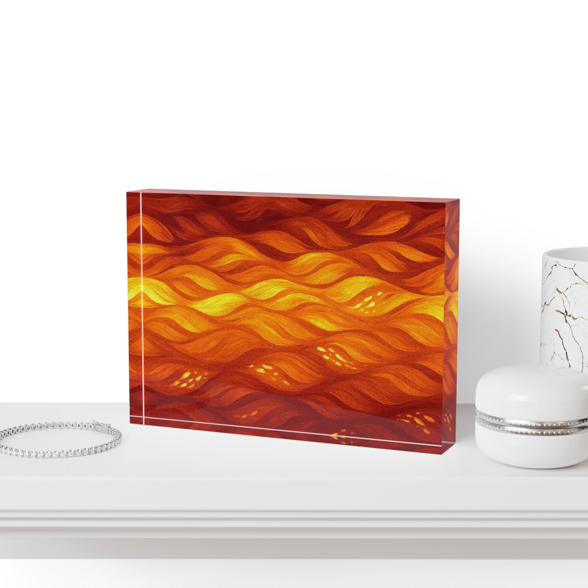 Styled on a console table with brass accents, illustrating the cozy energy this variant brings