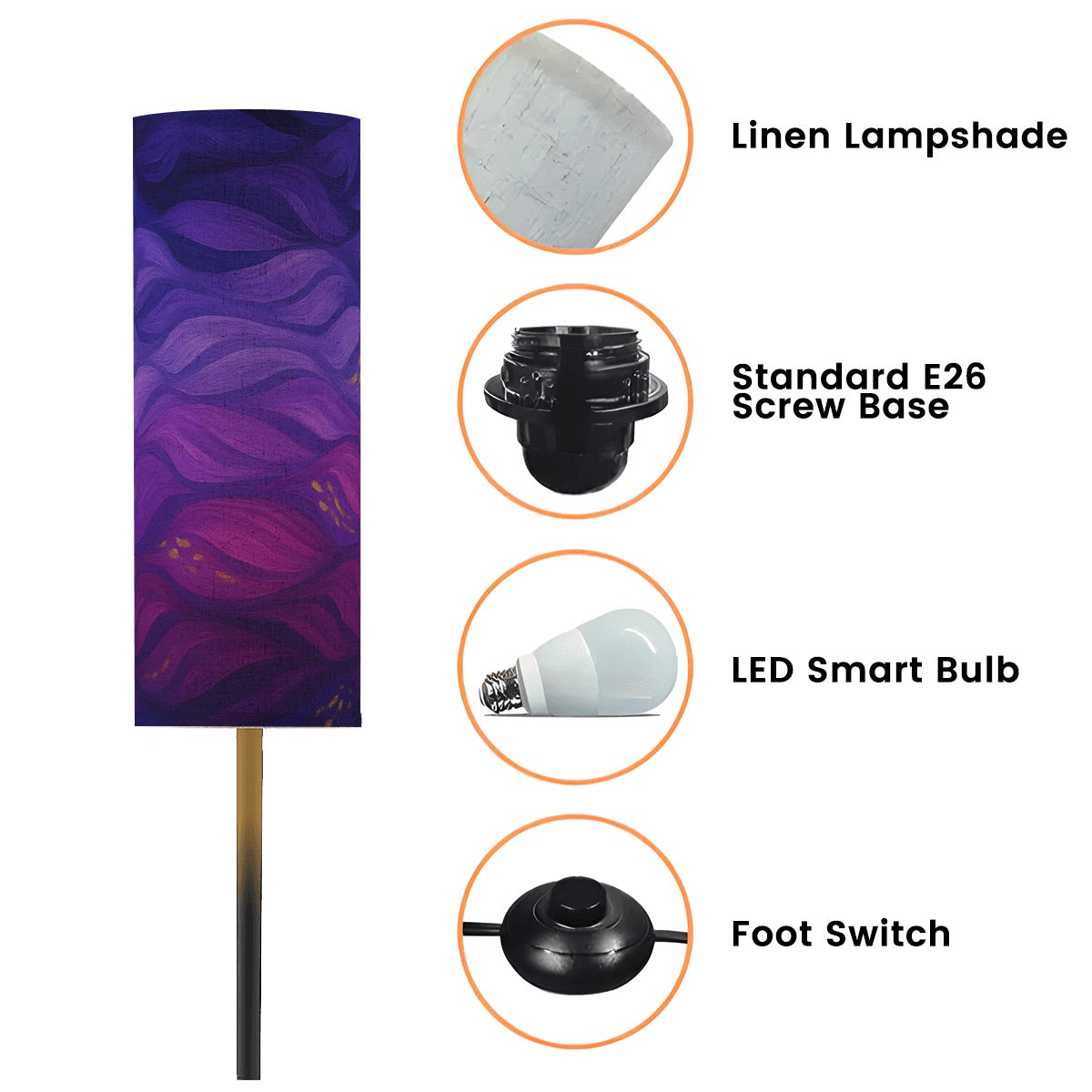 Full-color Gilded Amethyst Currents lamp: swirling purple and gold currents printed on a tall linen cylinder atop a slim black metal stand.