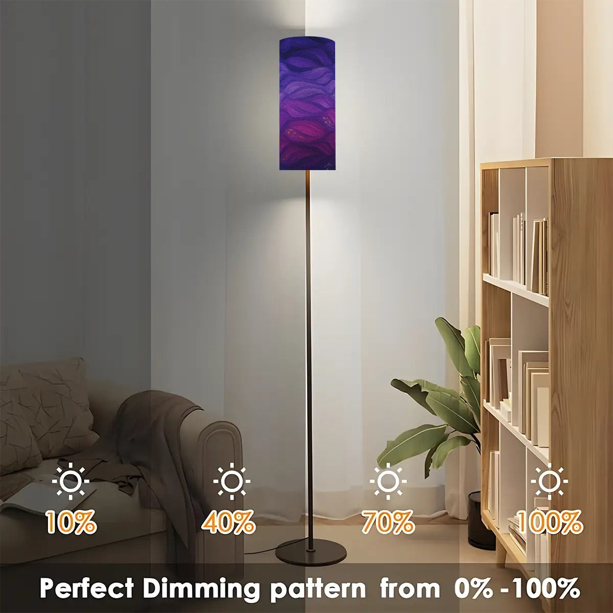 Full-color Gilded Amethyst Currents lamp: swirling purple and gold currents printed on a tall linen cylinder atop a slim black metal stand.