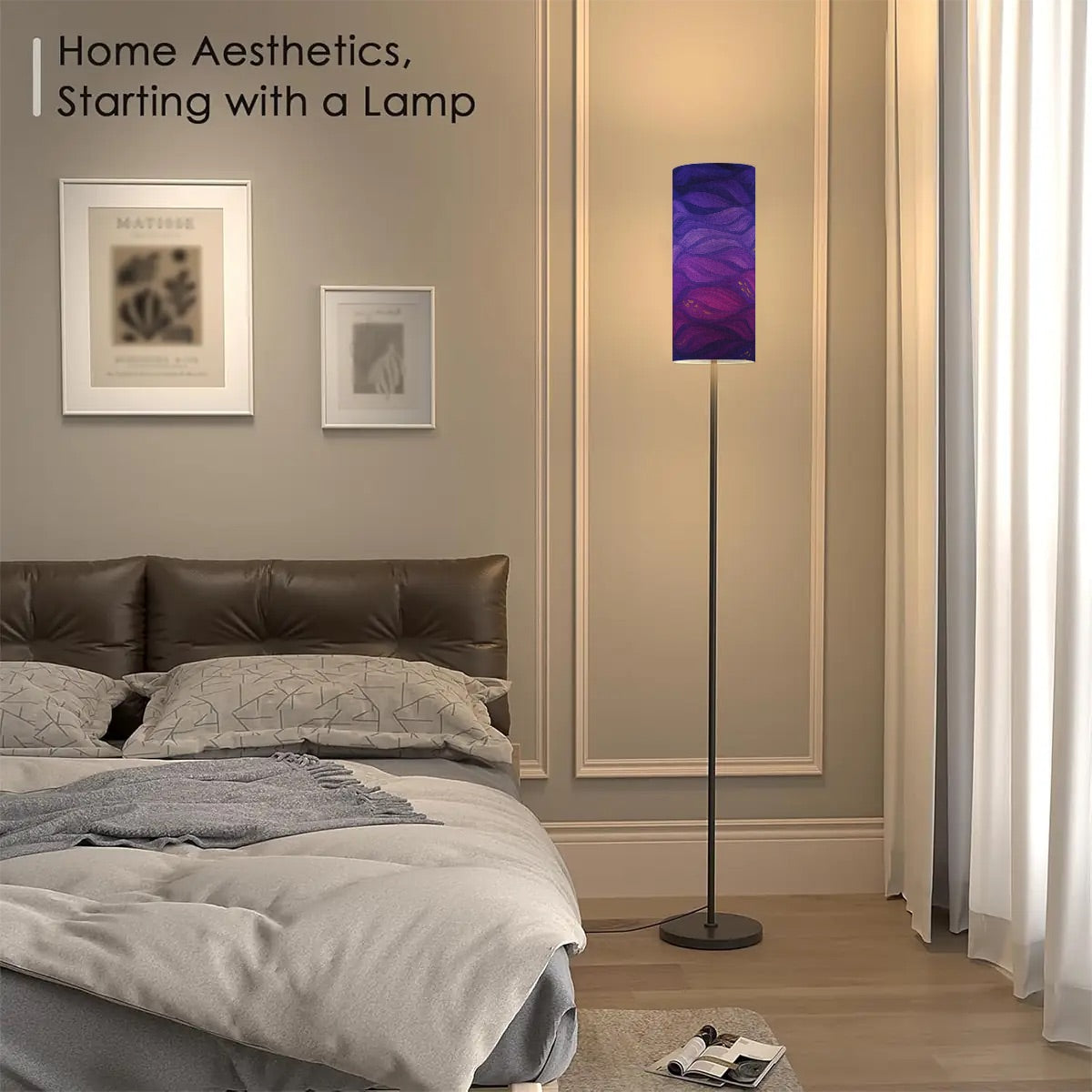 Full-color Gilded Amethyst Currents lamp: swirling purple and gold currents printed on a tall linen cylinder atop a slim black metal stand.