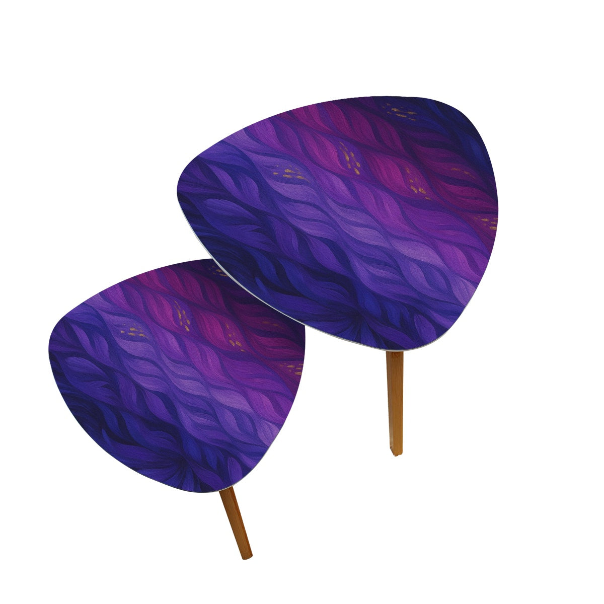 Two nested triangular tables on a white background; leather tabletops display swirling purple and violet waves with gold flecks, supported by bamboo legs