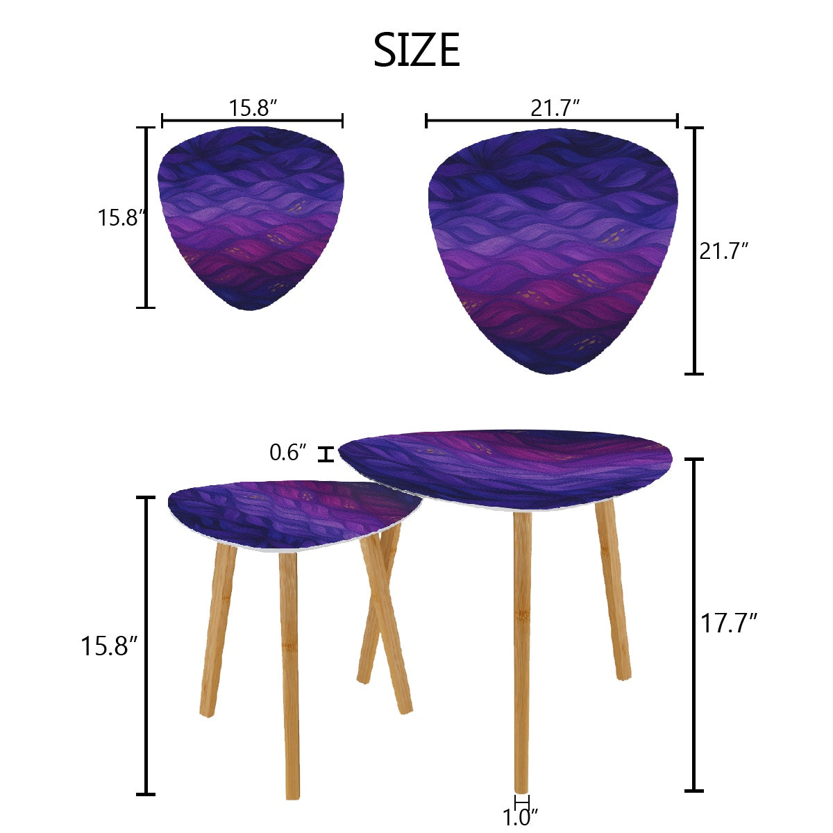 Diagram showing the smaller tabletop (15.8″ × 15.8″ × 15.8″) nested under the larger tabletop (21.7″ × 21.7″ × 17.7″), with labels for tabletop thickness (0.6″) and leg diameter (1″).