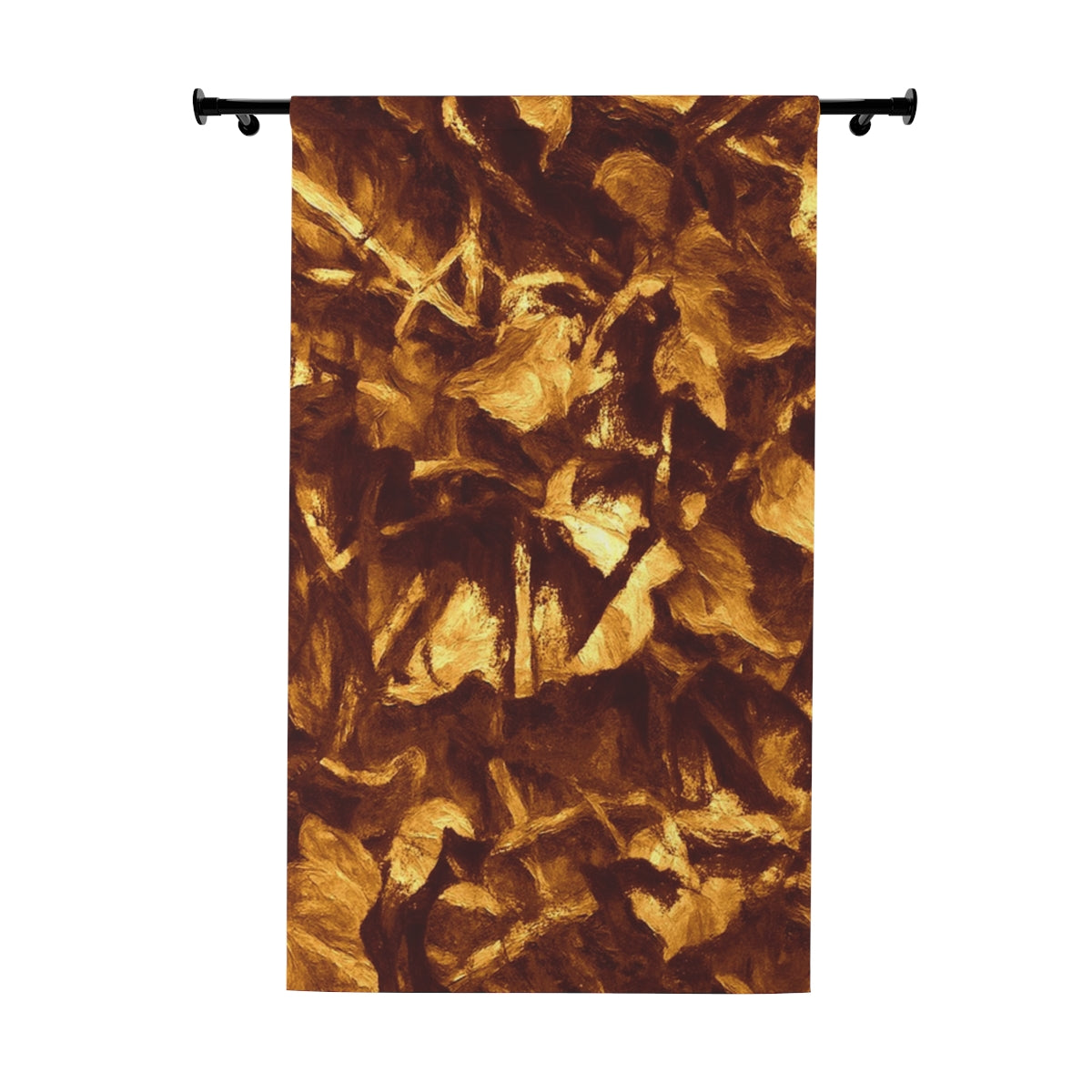 Blackout curtain with abstract leaf forms in deep gold, amber, and sienna tones, shown flat against a white background