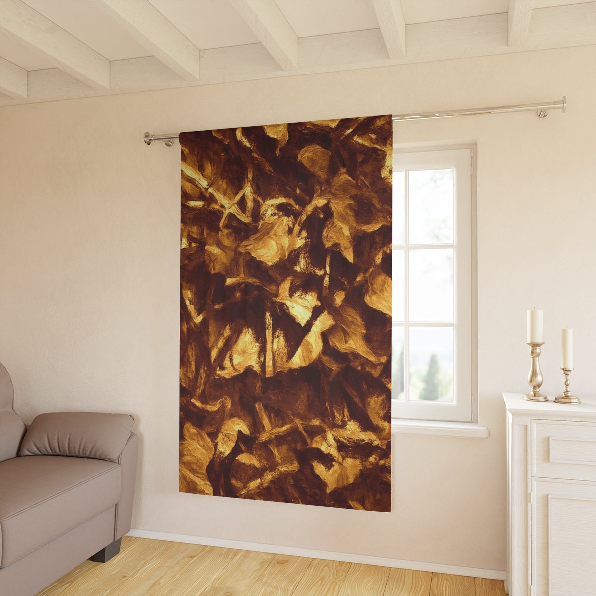 Gilded Elegy blackout curtain glowing with warm golden hues in a softly sunlit interior with pale walls and warm-toned wood elements