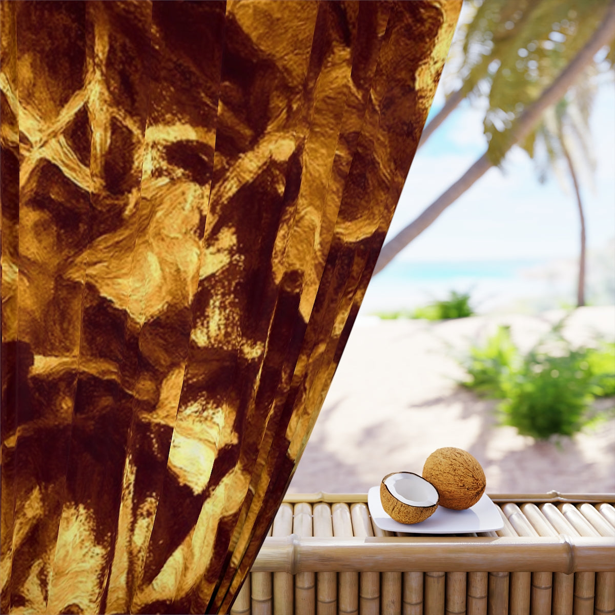 Close-up of blackout fabric featuring layered gold and ochre brushwork, evoking radiant abstract leaves in fading light