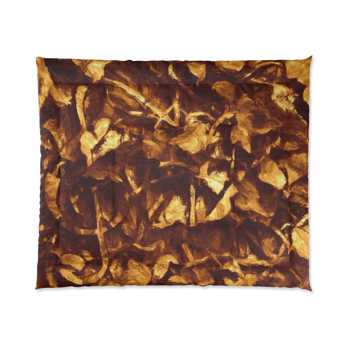 comforter with rich golden and brown brushwork forming an expressive abstract surface. Displayed on white background. Size: 104'' x 88''