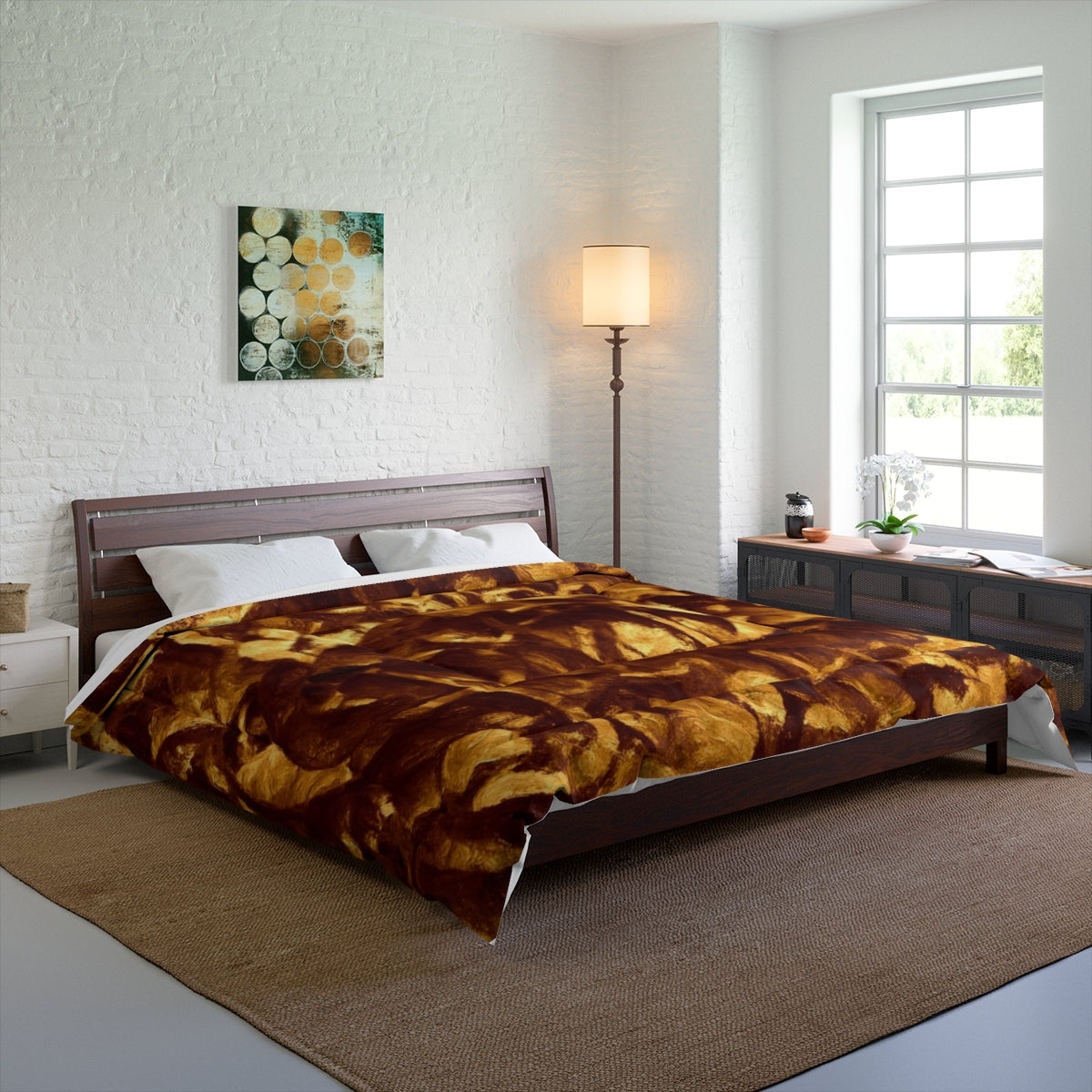 bedroom mockup featuring the Gilded Elegy comforter spread over bed. Size: 104'' x 88''