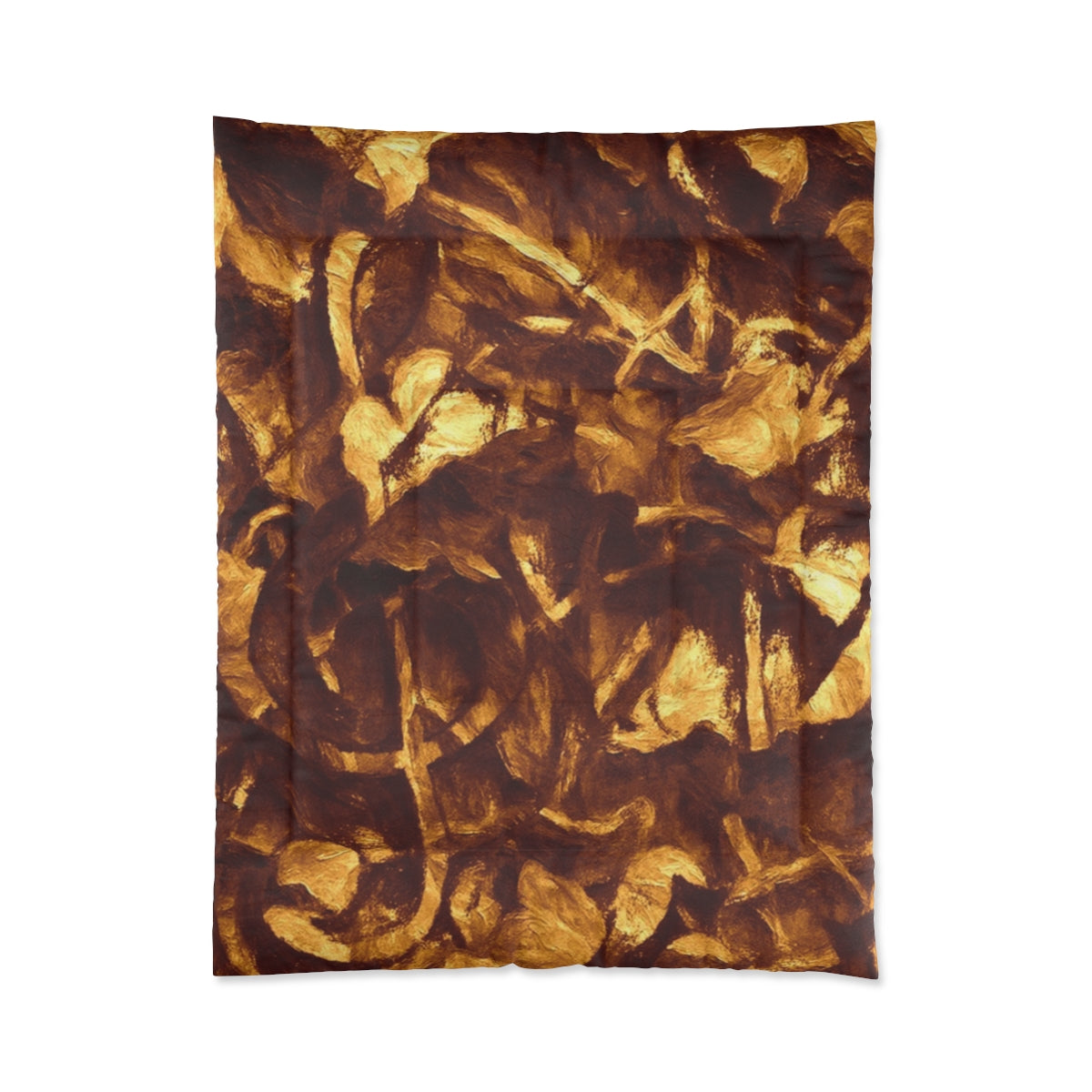 Comforter with abstract strokes in golden ochre, bronze, and deep brown. Displayed on white background. Size: 68'' x 88''