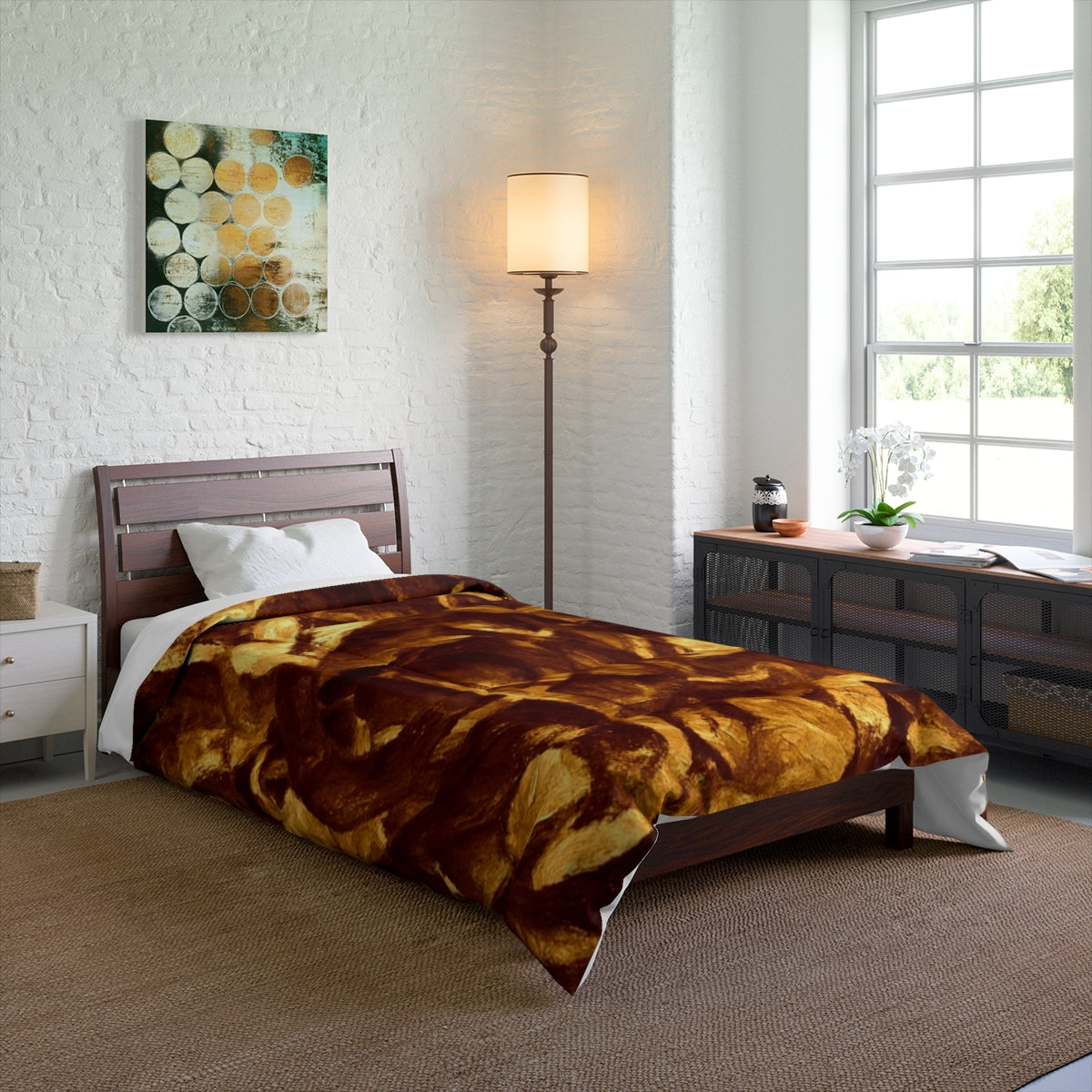 Bedroom with Gilded Elegy comforter on a twin bed, glowing with rich gold and earthy tones. Size: 68'' x 88''