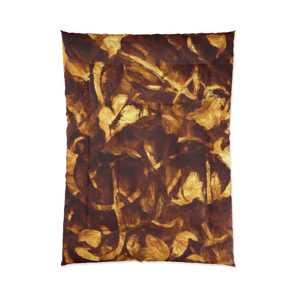 comforter in warm brown and yellow-gold abstract layers with a soft painted texture. Displayed on white background. Size: 68'' x 92''