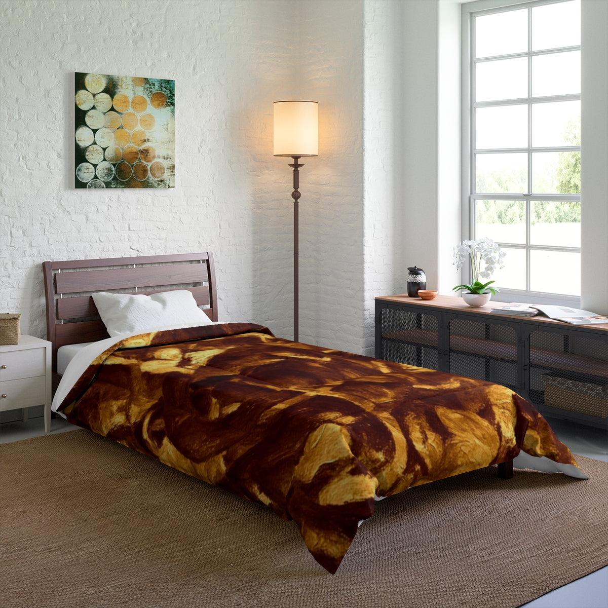 Longer single bed styled with the Gilded Elegy comforter, showing golden layers in a light-filled room. Size: 68'' x 92''
