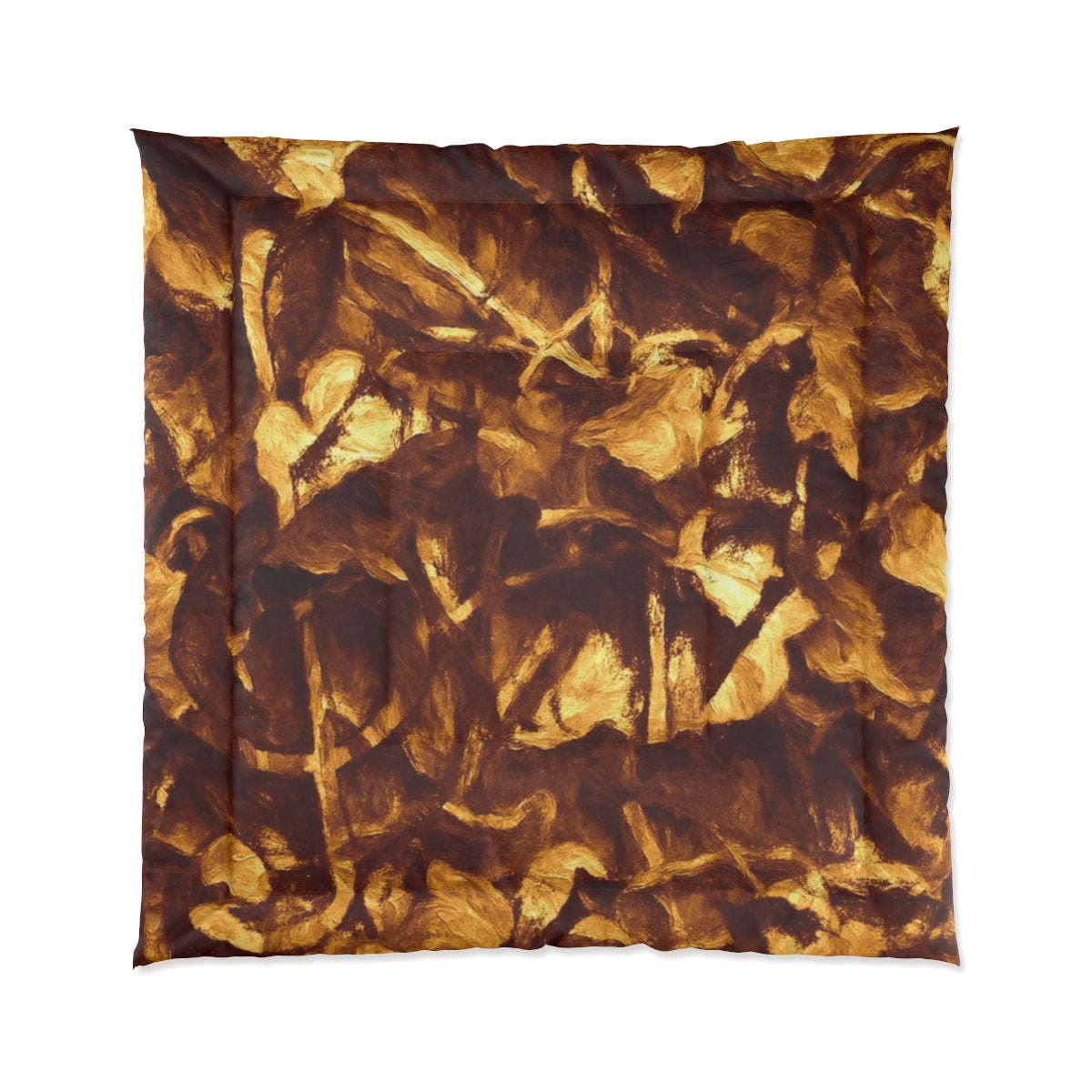 Square comforter with dense brush patterns in ochre and rust. Displayed on white background. Size: 88'' x 88''
