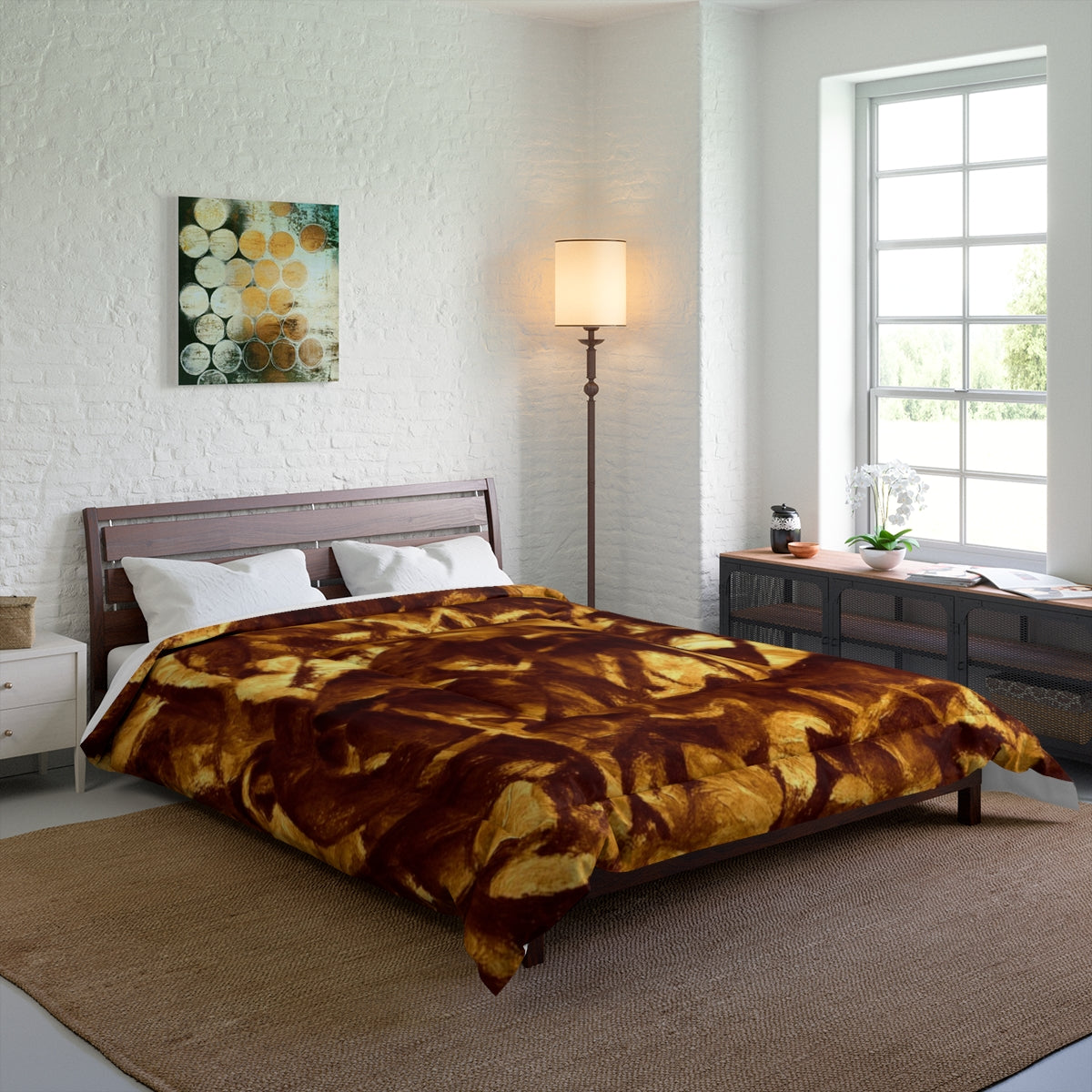 bed with the Gilded Elegy comforter radiating deep warmth and painterly structure. Size: 88'' x 88''