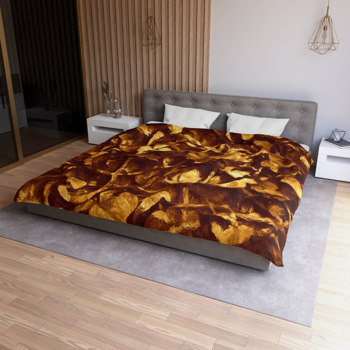 King size Gilded Elegy duvet cover with white lining, deep gold and brown abstract design with glowing warmth