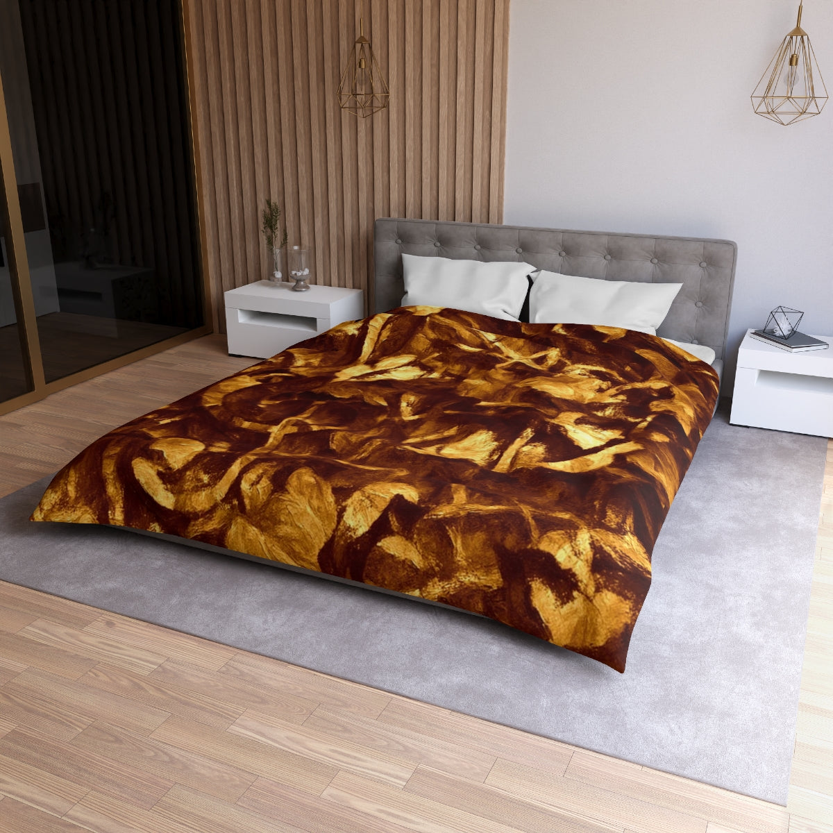 Queen size Gilded Elegy duvet cover with white lining, golden leaf abstractions layered over dark rust and shadow