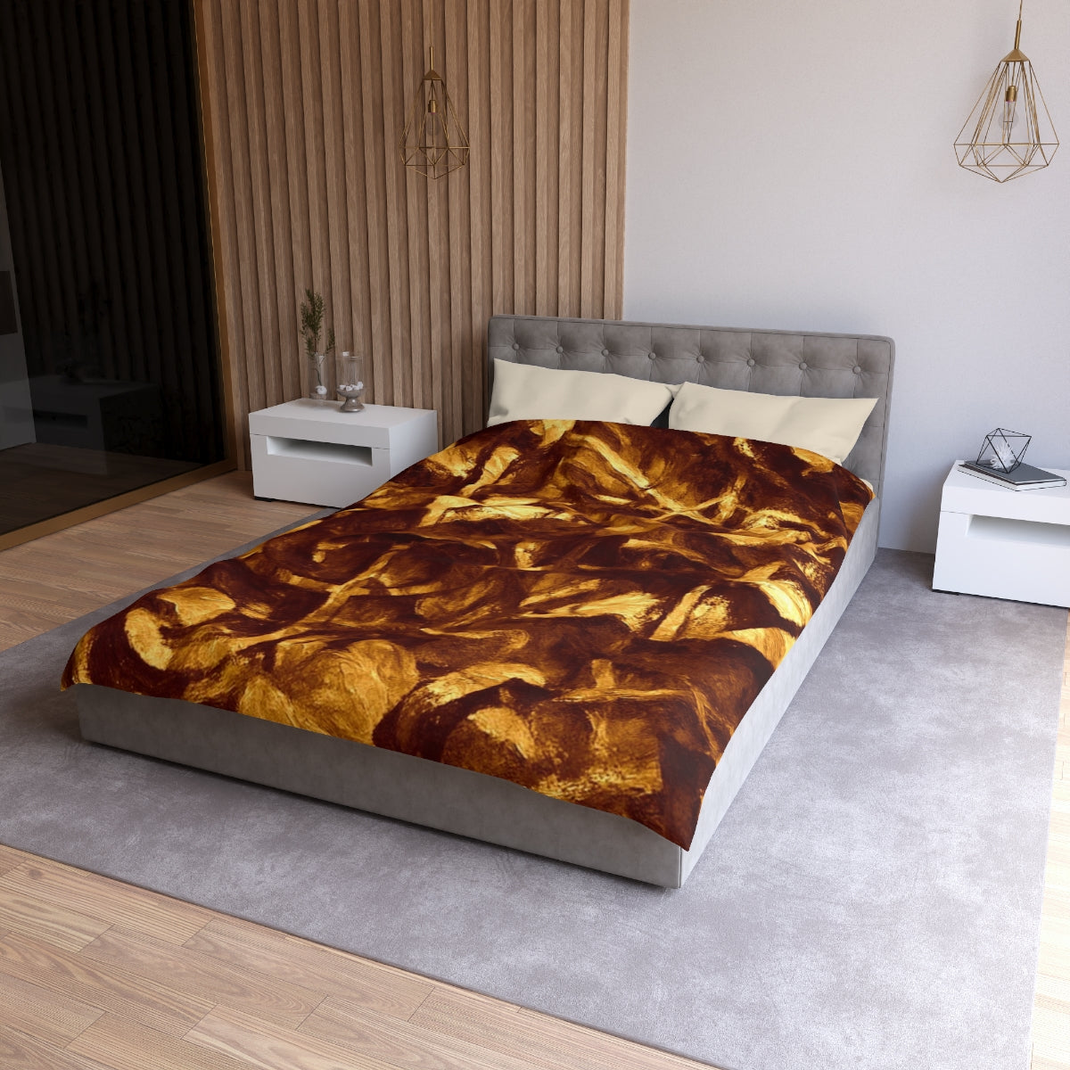 Twin size Gilded Elegy duvet cover with cream lining, abstract gold and brown leaf shapes with a rich painterly texture