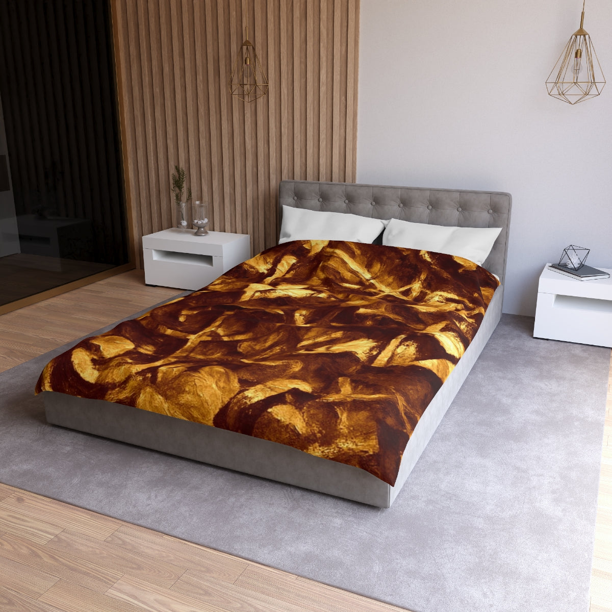 Twin size Gilded Elegy duvet cover with white lining, abstract gold and brown leaf shapes with a rich painterly texture