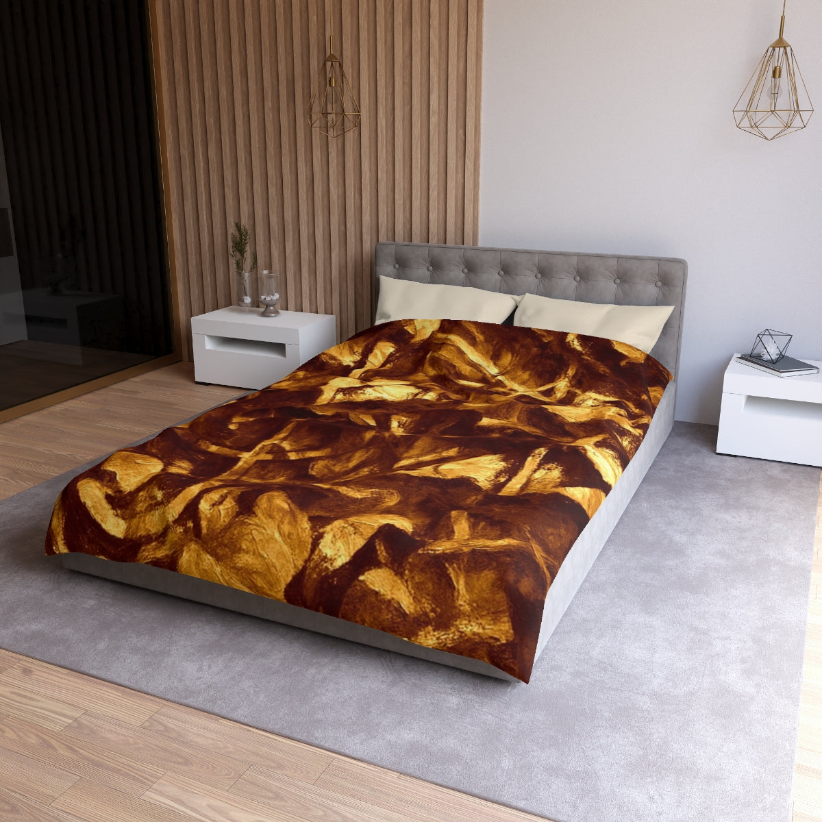 Twin XL size Gilded Elegy duvet cover with cream lining, soft microfiber bedding in warm ochre and deep bronze tones