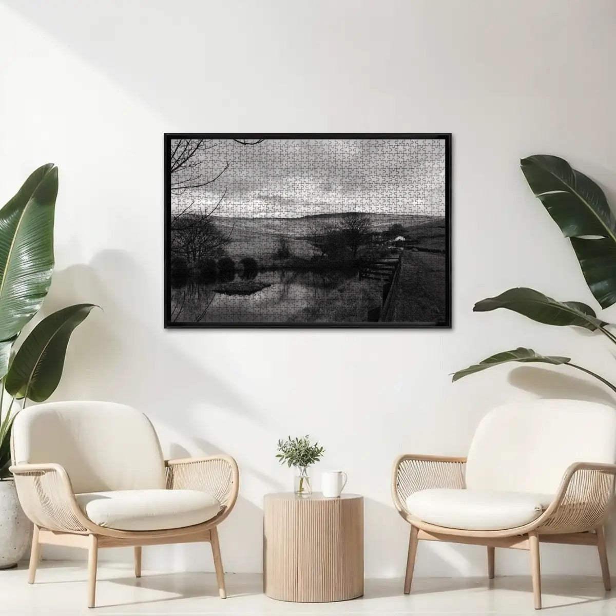 British Landscape 1000-piece wooden puzzle in grayscale. Soft monochrome countryside scene on oak wood. 29.5" x 19.7".