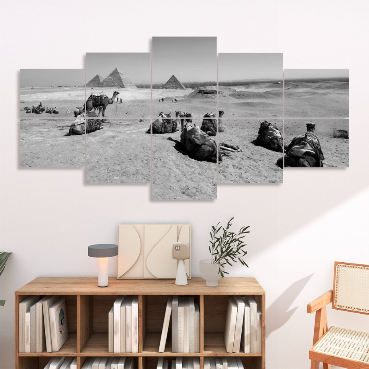 Grayscale version of camels and pyramids in the desert, displayed over 10 decorative wall panels with high contrast and soft tonal balance.