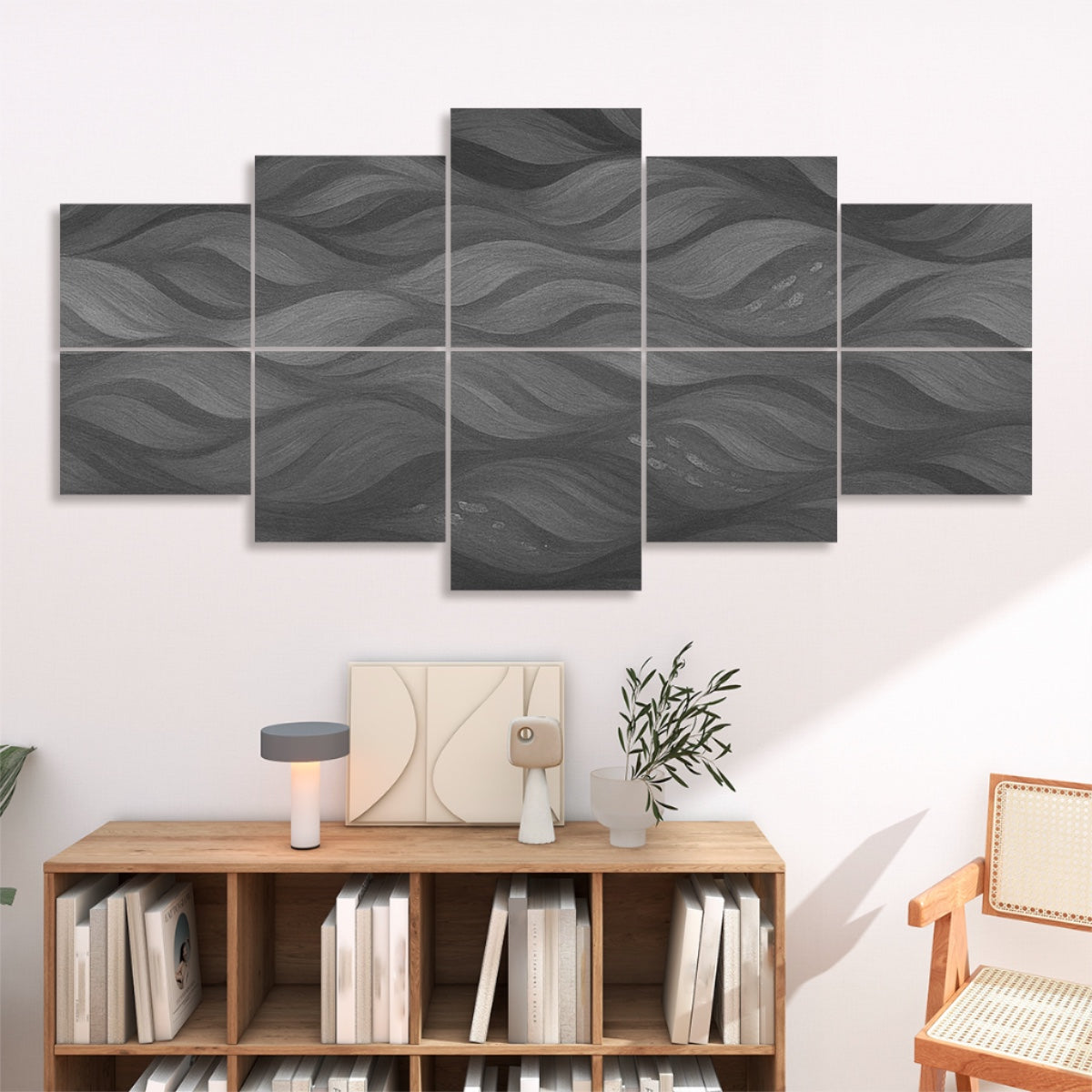 Grayscale version of Gilded Amethyst Currents on ten acoustic panels with soft tonal transitions, arranged in a clean, minimal interior.