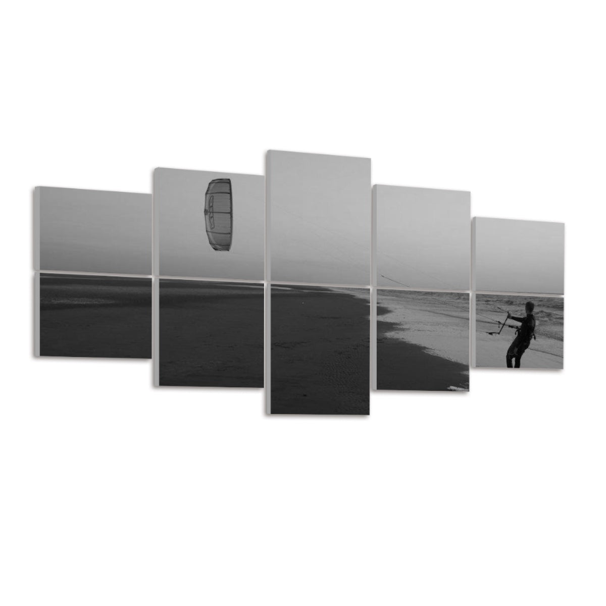 Ten panels in a 2×5 formation rendering the beach scene in soft gray gradients from sand to horizon
