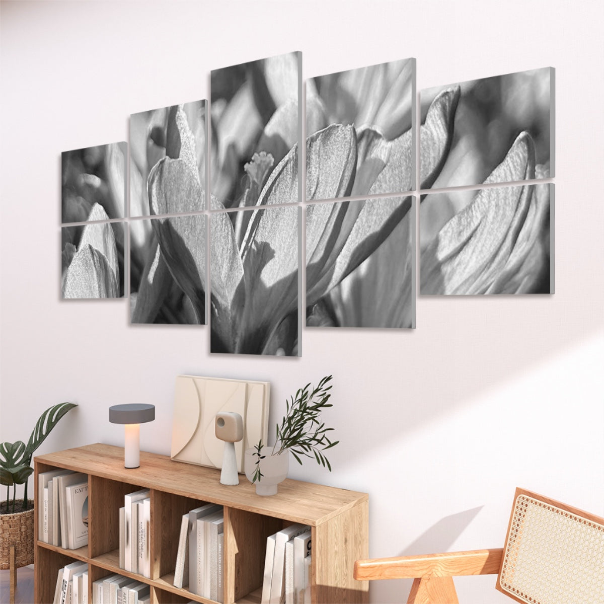 Grayscale version of blooming crocuses, with softened tones and petal detail shown across 10 decorative acoustic wall panels.