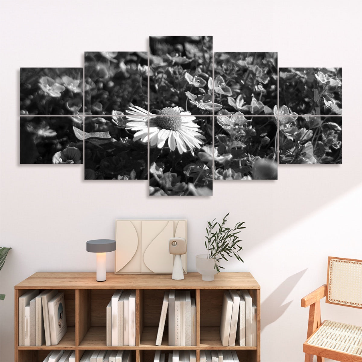 Grayscale image of a white daisy and small flowers, arranged across 10 decorative acoustic panels with soft, tonal shading.