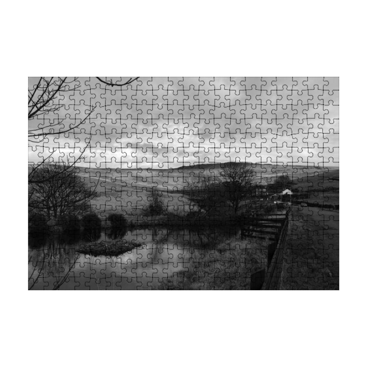 Grayscale version of a rural scene with minimal monochrome detail and natural calm.