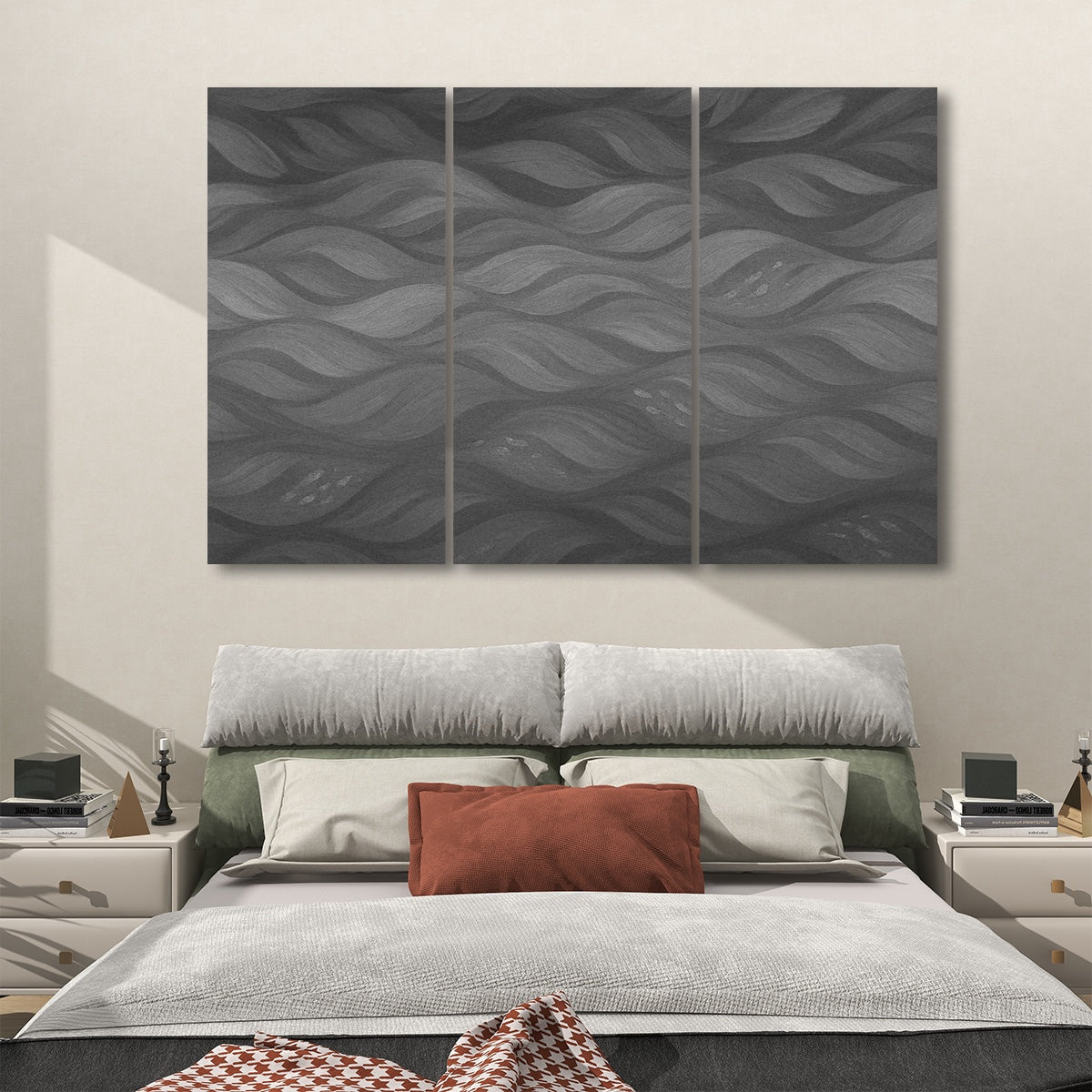 Grayscale version of Gilded Amethyst Currents on three vertical sound-absorbing panels, installed in a softly lit bedroom