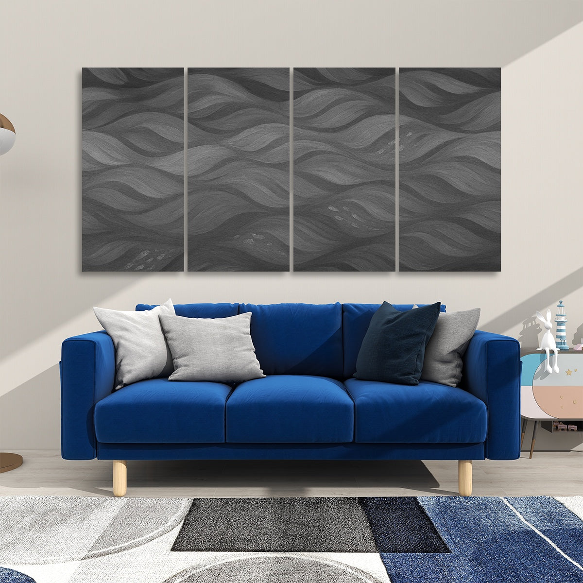 Grayscale version of Gilded Amethyst Currents on 4 panels with soft tonal transitions, mounted above a blue sofa