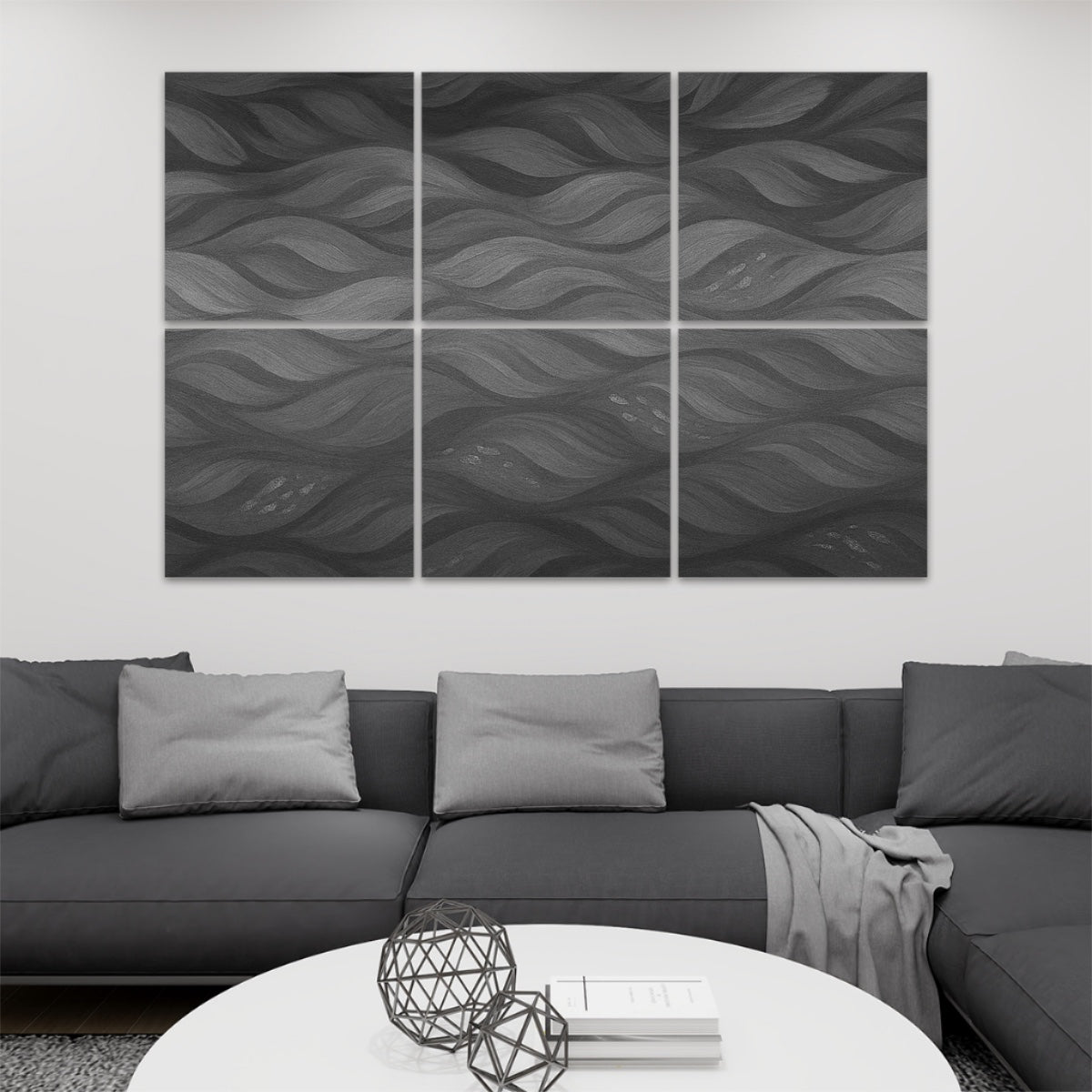 Grayscale version of Gilded Amethyst Currents in 6-panel layout with soft tonal transitions