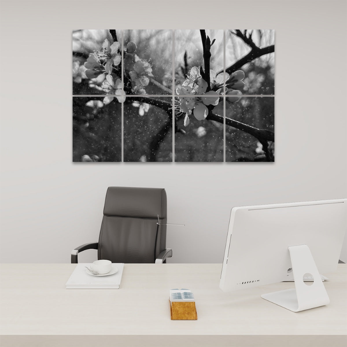 Grayscale floral image with white blossoms and rain on dark branches, printed across 8 decorative sound-absorbing wall panels in soft monochrome tones.
