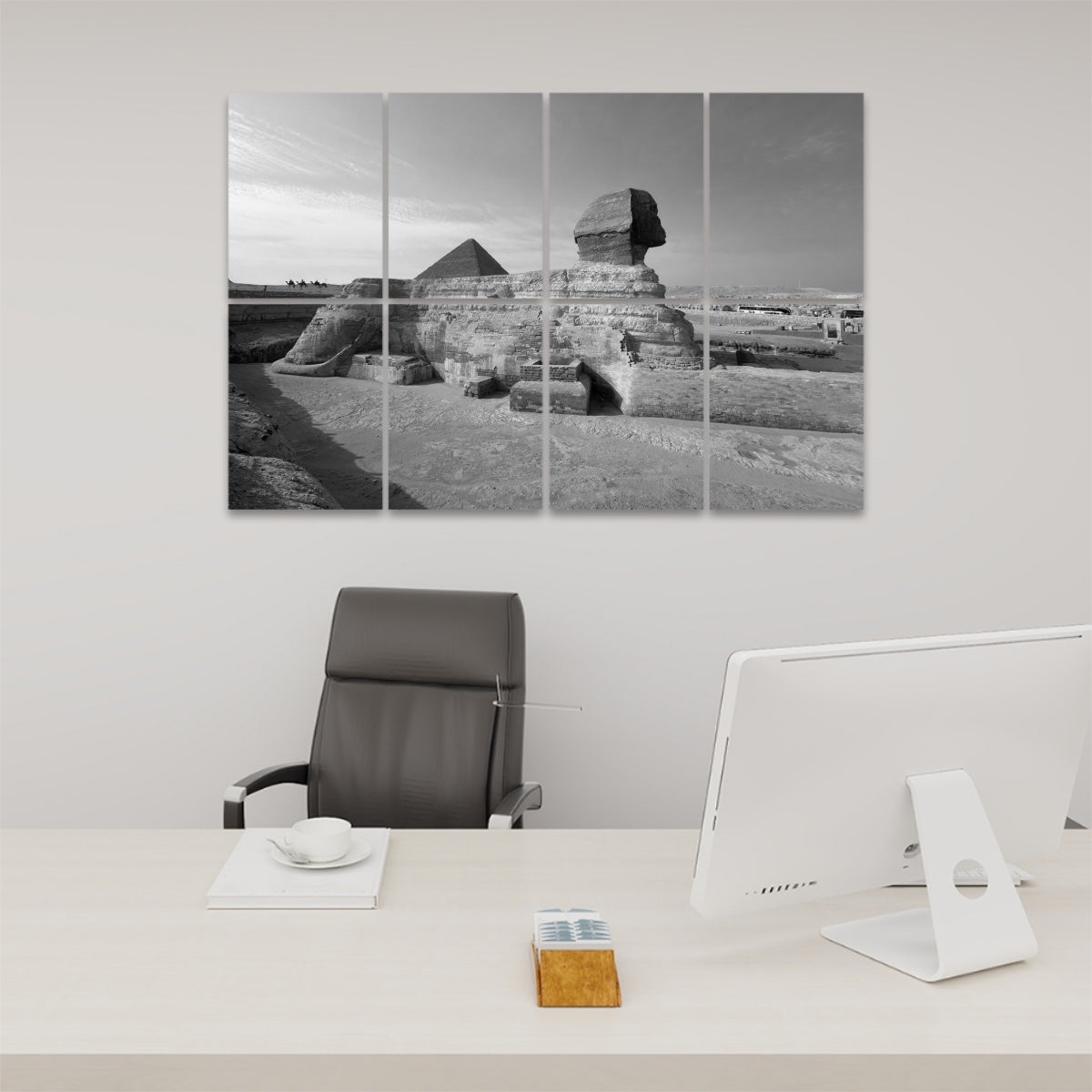 Grayscale variant showing the Sphinx and Pyramid of Khufu on 8 decorative acoustic panels with soft tonal transitions and minimal styling.