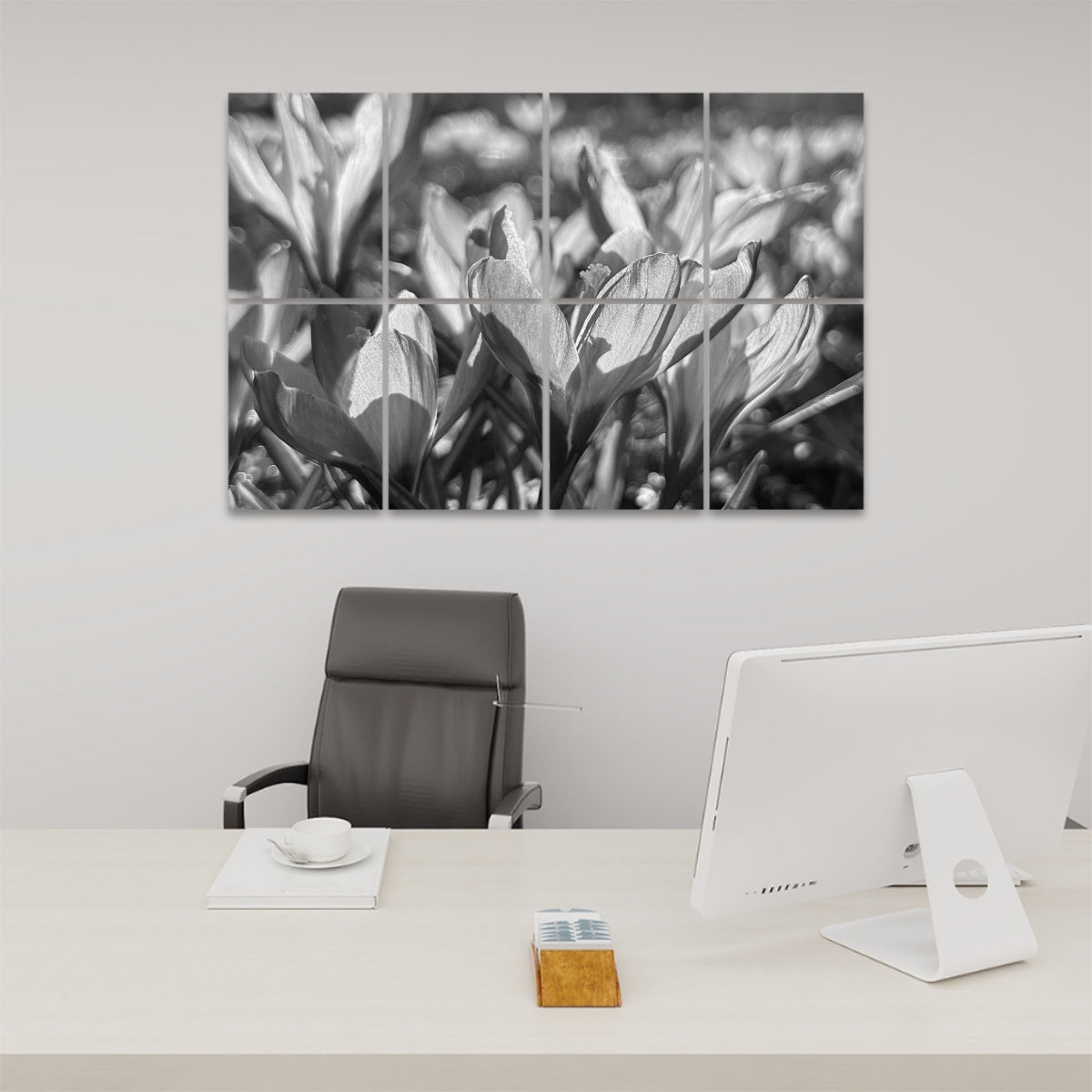 Black and white version of blooming crocuses wall art across 8 acoustic panels, emphasizing texture and tone.