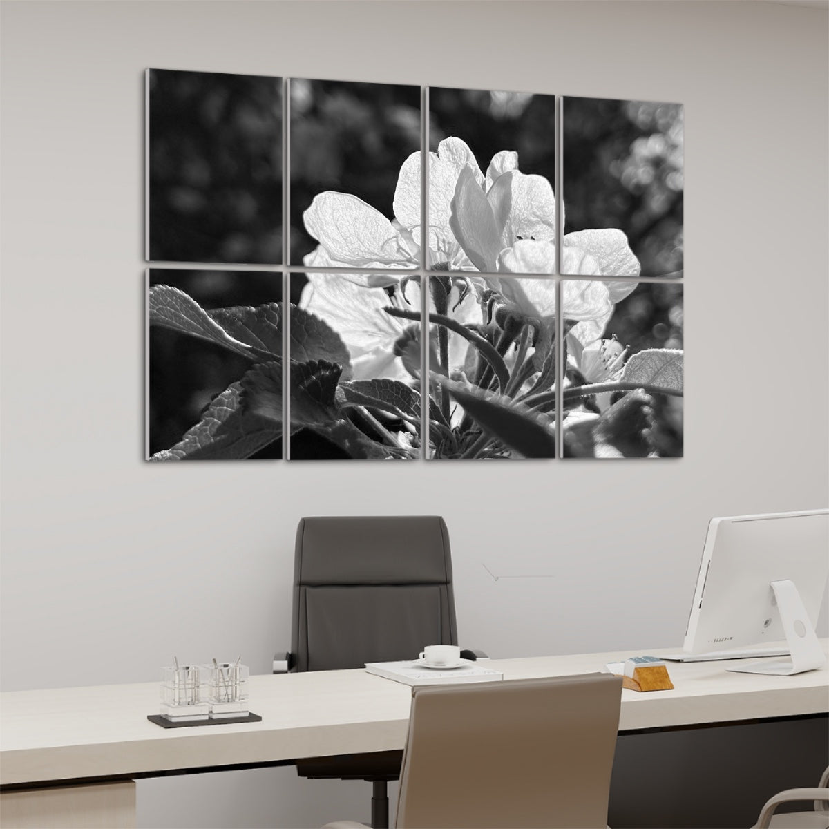Grayscale version of white spring blossoms with soft shadow detail and balanced lighting, divided across 8 decorative sound absorbing panels.