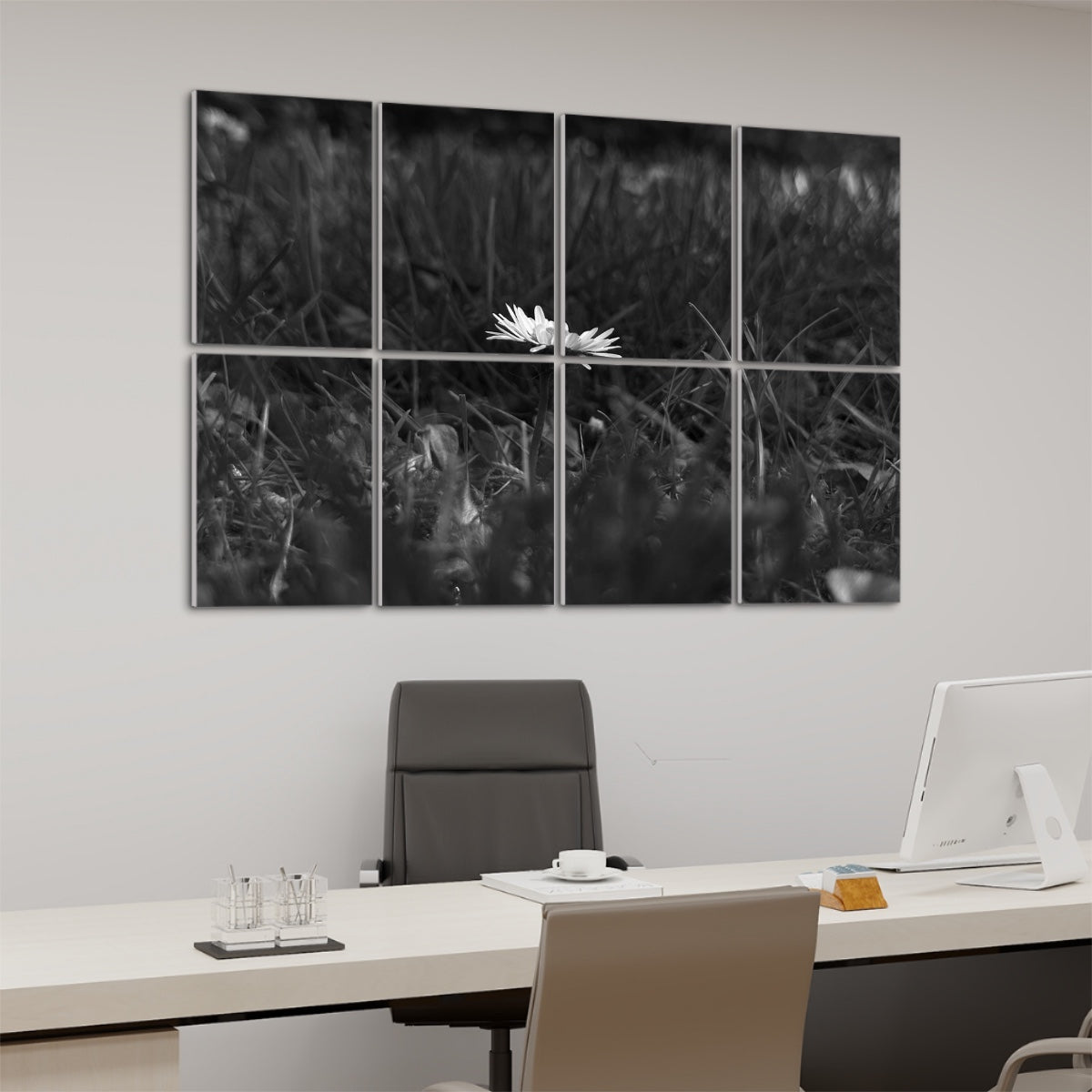 Tonal grayscale acoustic wall art showing a daisy nestled in soft grass with filtered light, divided between 8 decorative panels.