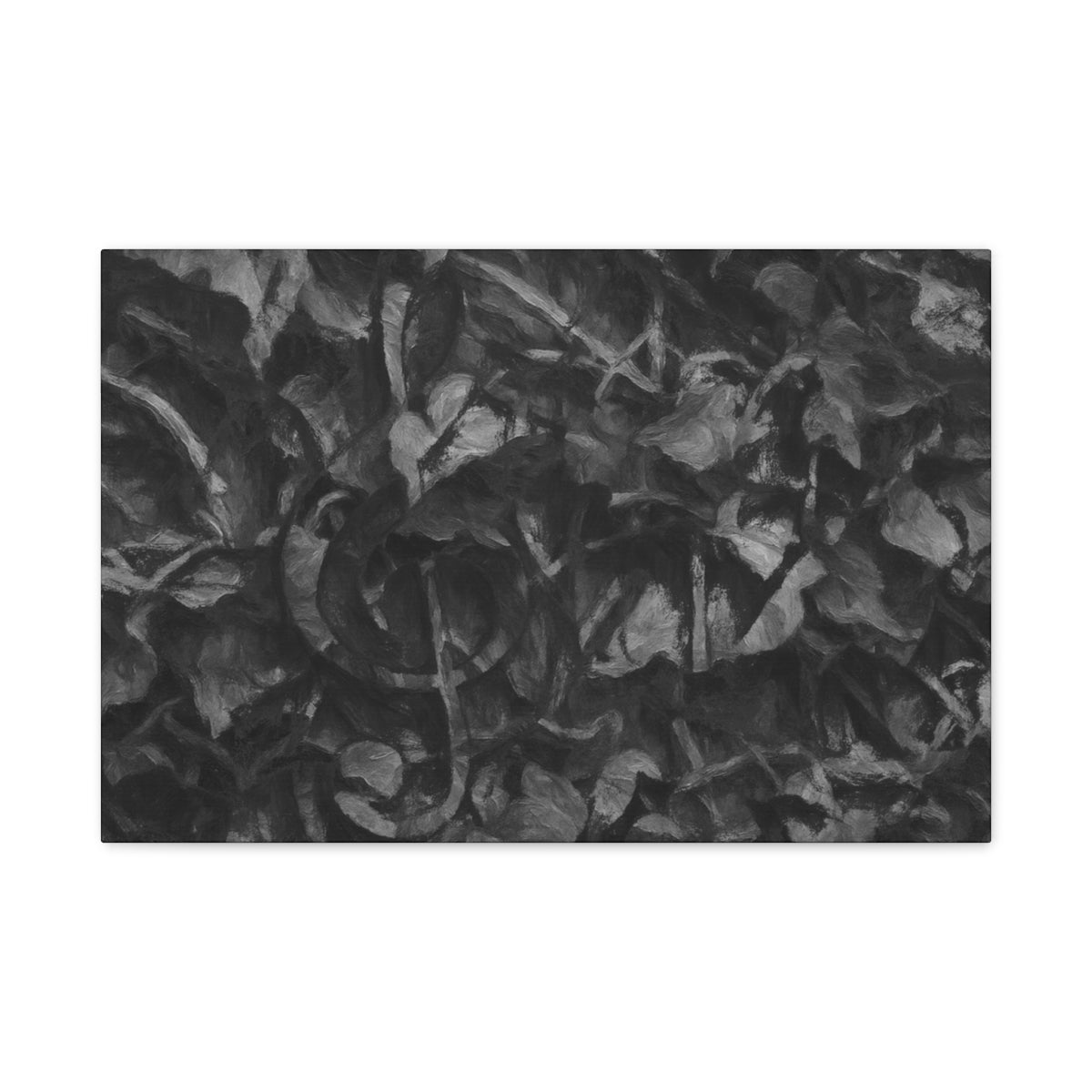 Dense grayscale canvas showing tangled leaf textures in smooth tonal gradients, with a faint treble clef emerging