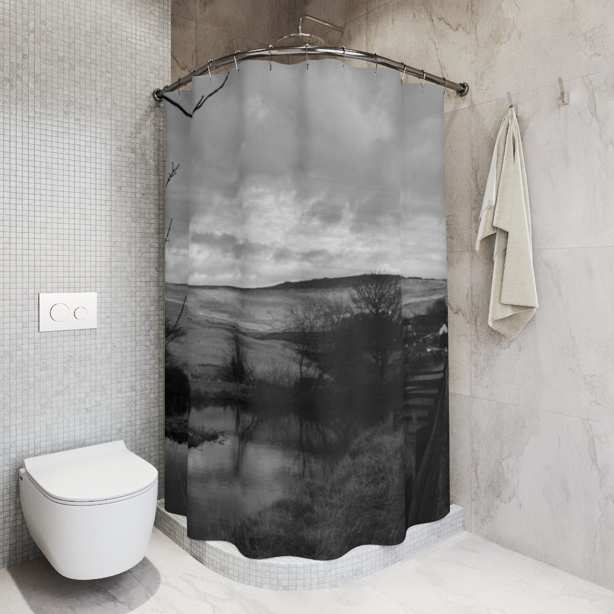 British countryside shower curtain in soft grayscale, showing hills, leafless trees, and pond under a moody sky.