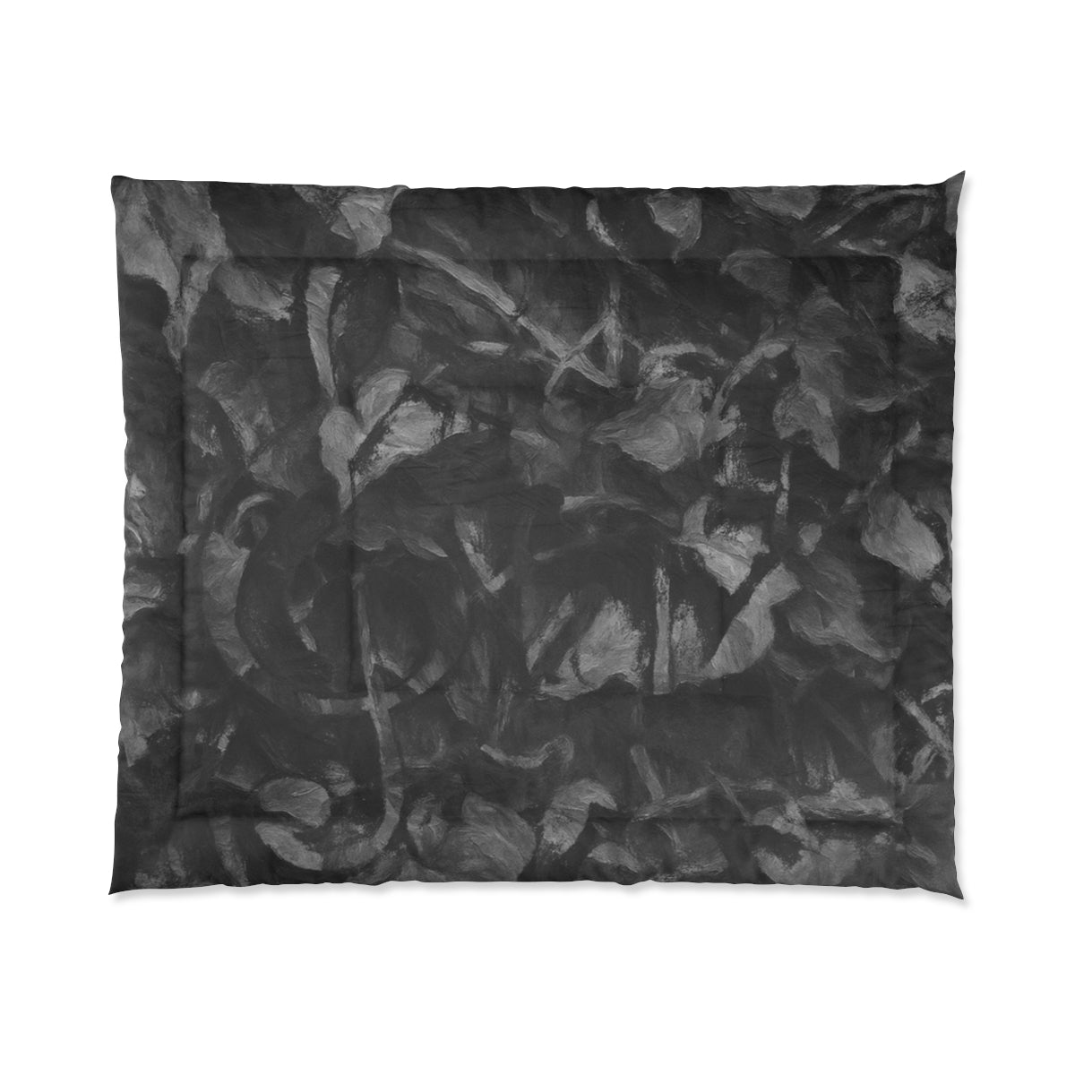 comforter with smooth grayscale variation in abstract brush forms displayed on white background. size 104'' x 88''