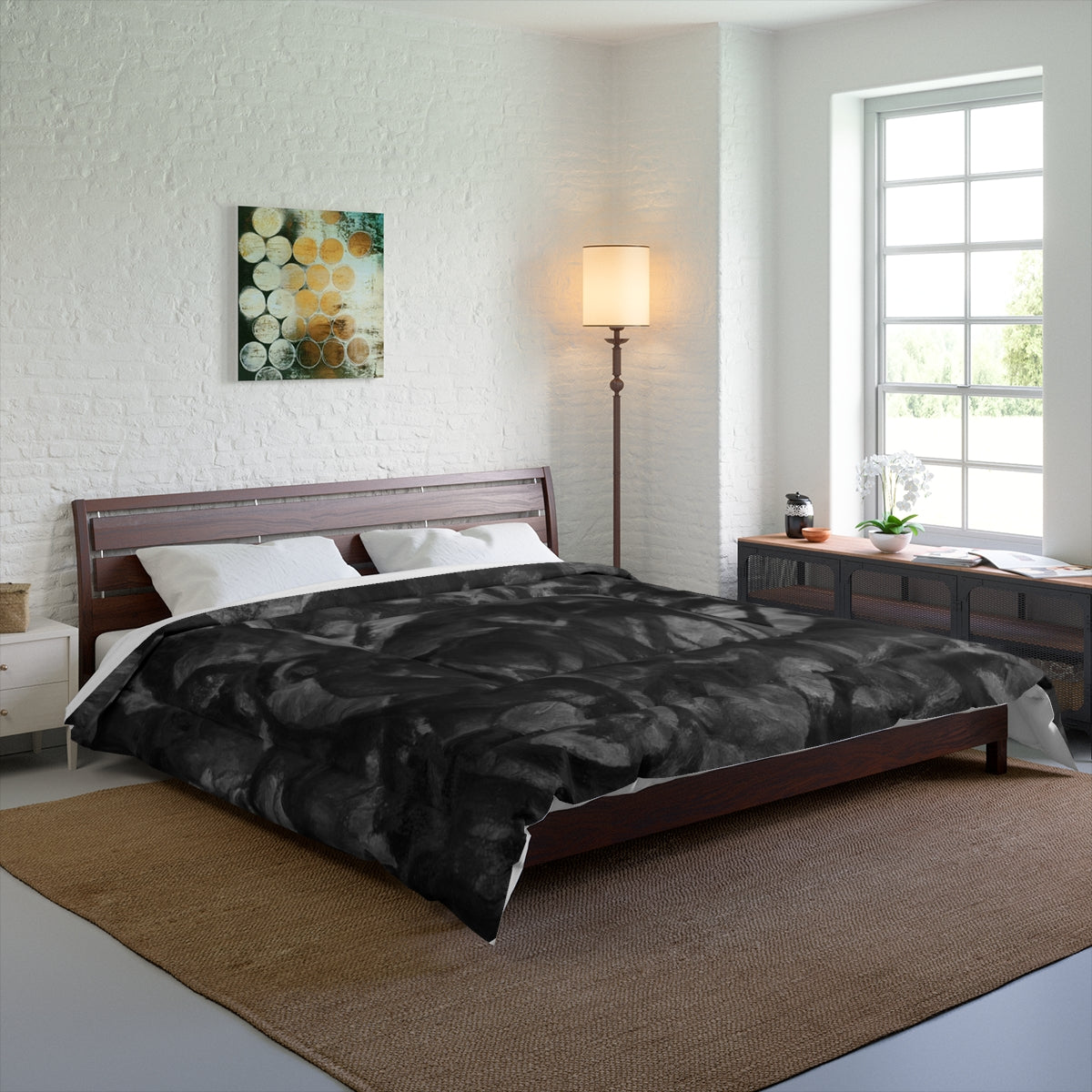 Spacious bedroom with Grayscale comforter on bed. size 104'' x 88''