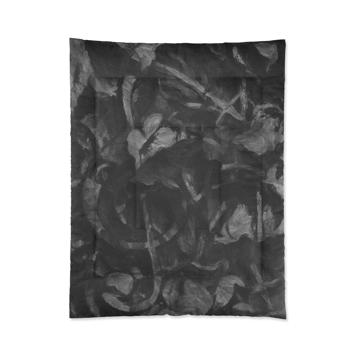 Comforter with layered abstract brush textures in soft black, gray, and pale tones displayed on white background size 68'' x 88''