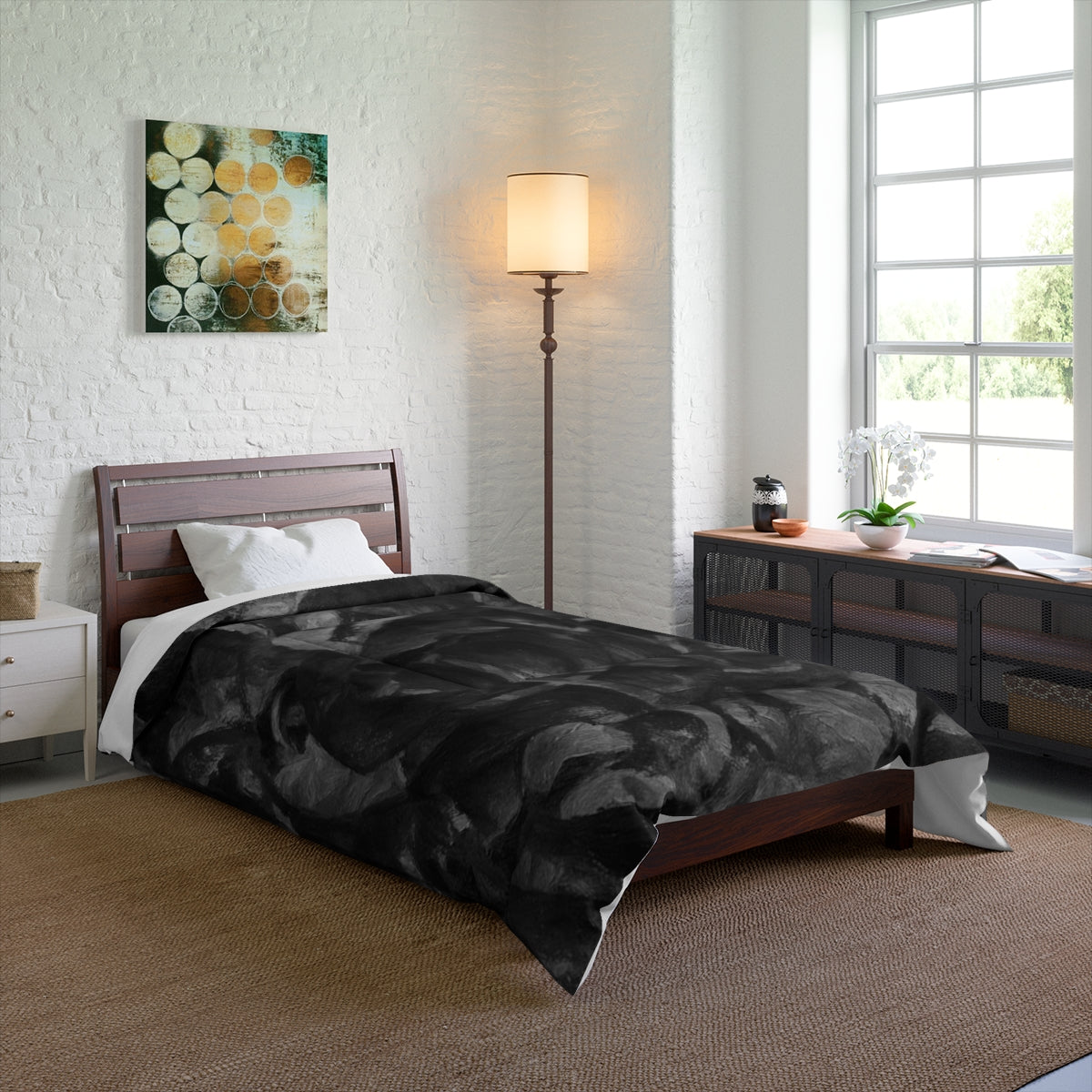 Bedroom with Grayscale comforter on a twin bed showing subtle contrast and muted depth in a minimalist palette size 68'' x 88''