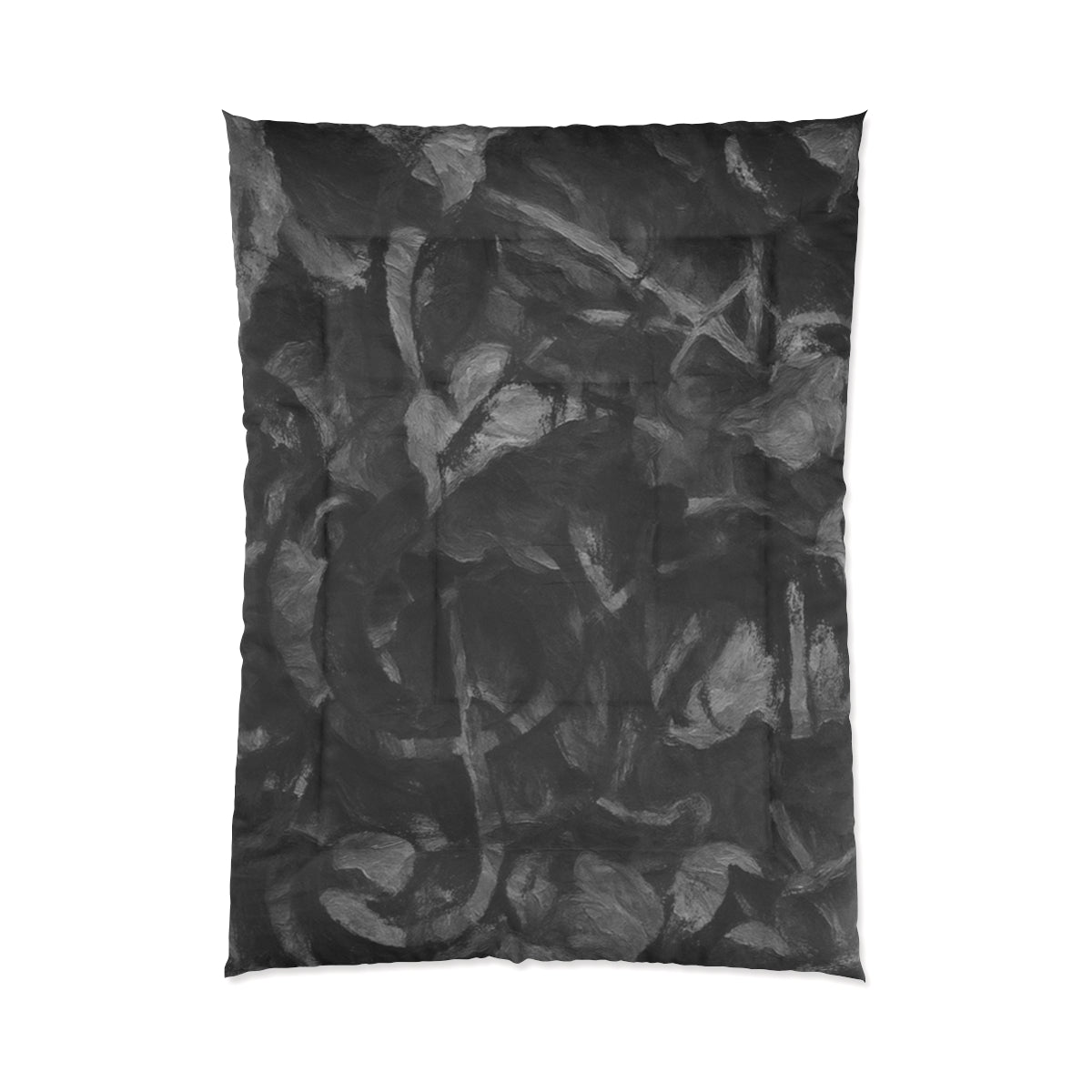 comforter in blended tones of charcoal, ash, and ivory with layered brush detail displayed on white background size 68'' x 92''
